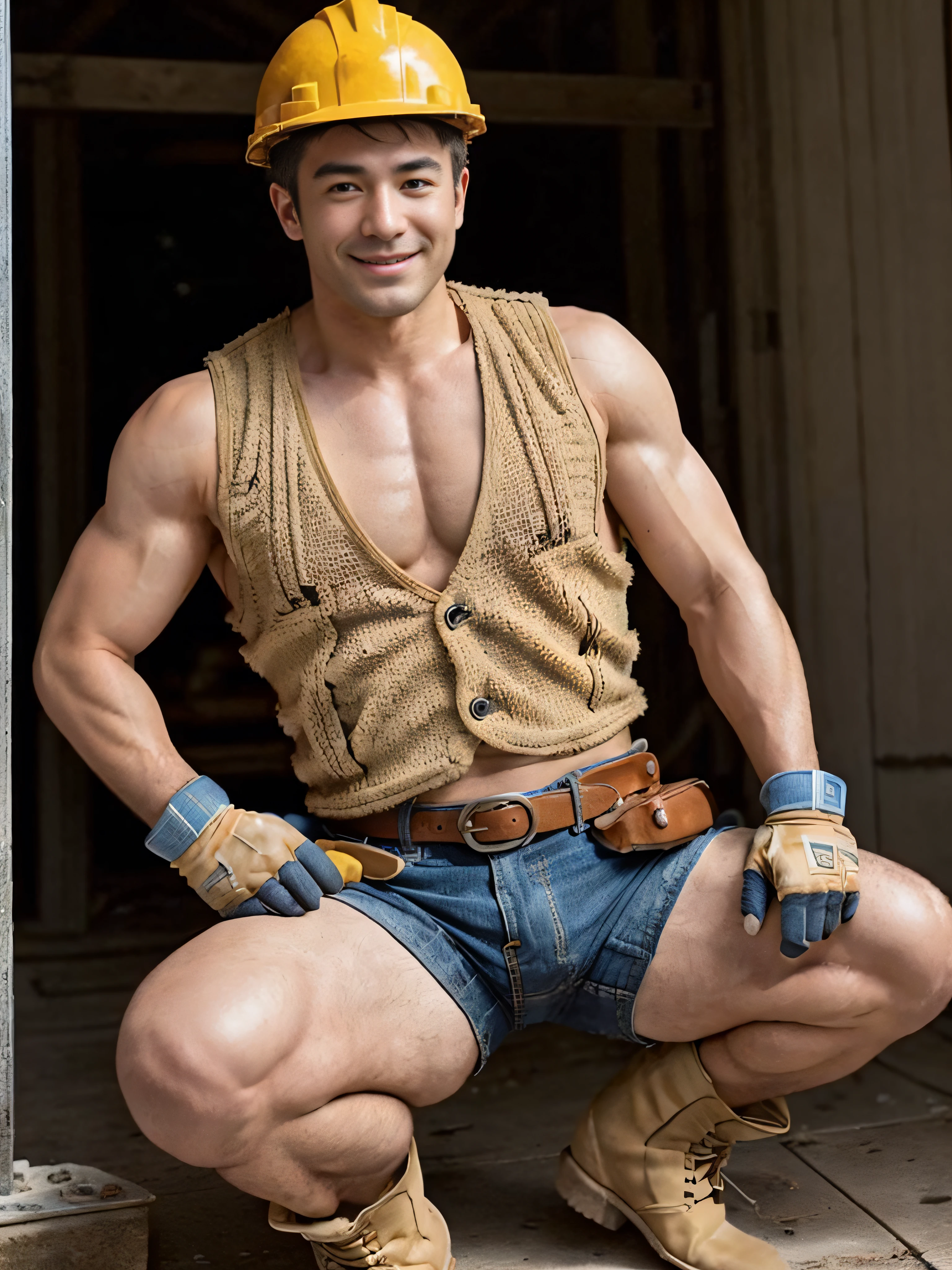 (Realistic), Masterpiece, Best quality, Cinematic lighting, naturalshadow, Highest detail, Professional photography, Detailed background, Depth of field, insanely details, Intricate, Aesthetic, Detailed face, Subsurface scattering, photo-realistic hair, Realistic eyes, Muscular, Masculine, chest muscle, Abs, Photo of a handsome man, asian man,Construction workers, helmet, Open clothes, vest, Shorts, mitts, belt, Smile,(((The crotch is raised)))Squat,M legs,Boots,Welding in hand