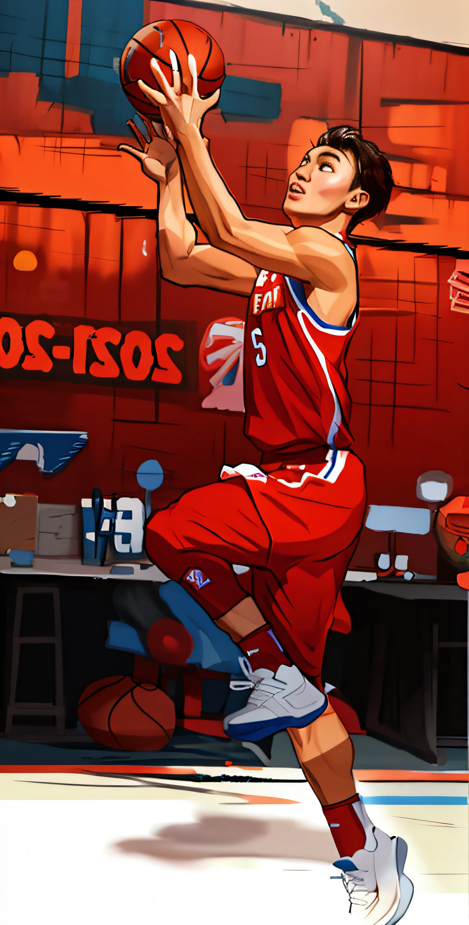 Line drawing，Line stroke，Xu Jie，（Face optimization：1.5），（Mouth optimization：1.5）（Eye optimization：1.5）hand painted style，lineworks，sense of strength，basketball player，Red clothes，basketball ball，Exquisite poster，best qualtiy，high high quality
