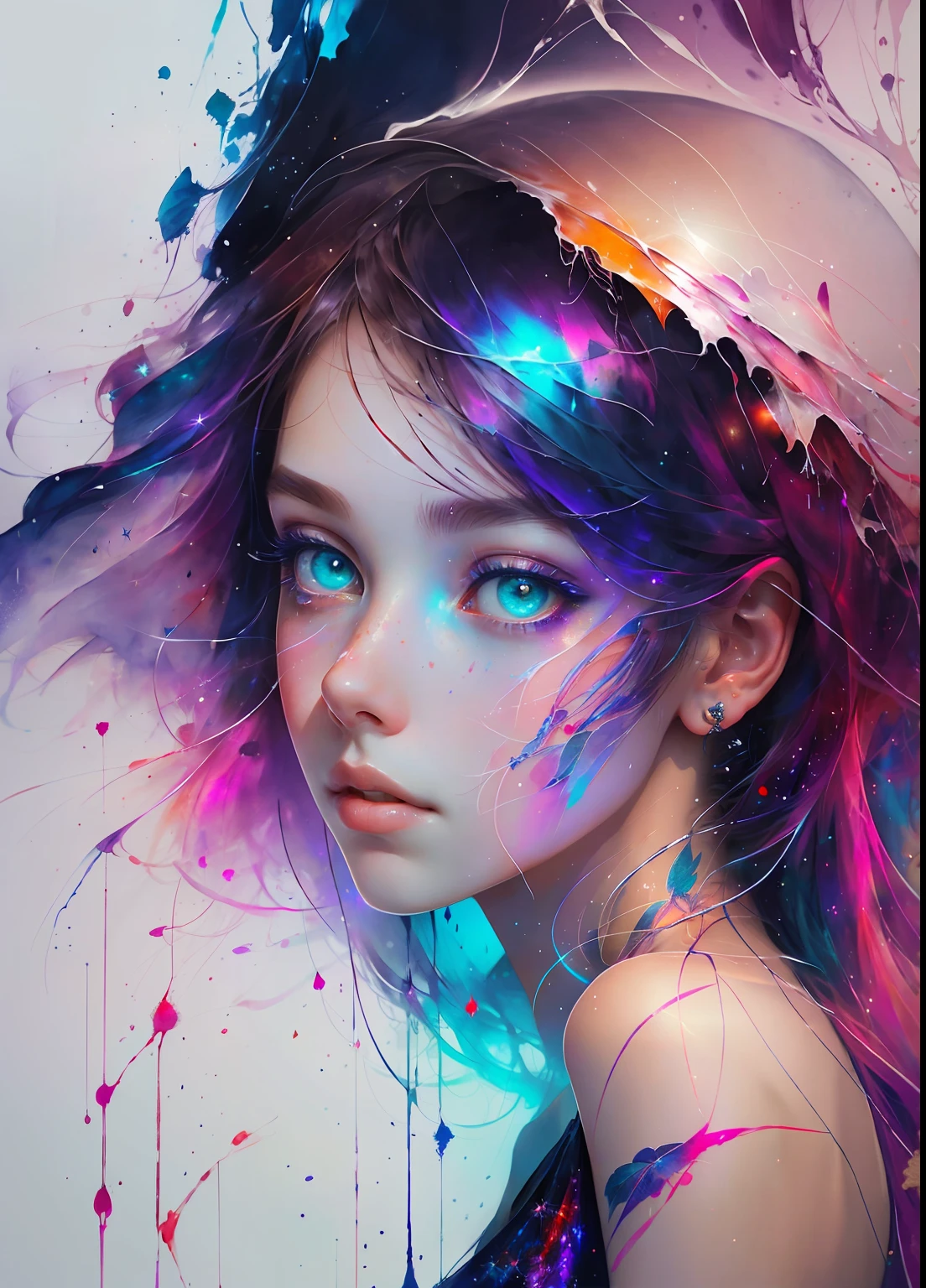 This is a dreamy and ethereal image. Generate a whimsical and strong queen by Agnes Cecile with beautifully detailed and realistic eyes. Include ink drips and fairy lights. The colors used should be soft and pastel except for her eyes, which should be bold and realistically shaded. Include luminous, glitter, shimmer, and intricate detailing. This is a high quality image from world-class artist agnes cecile. ((masterpiece))