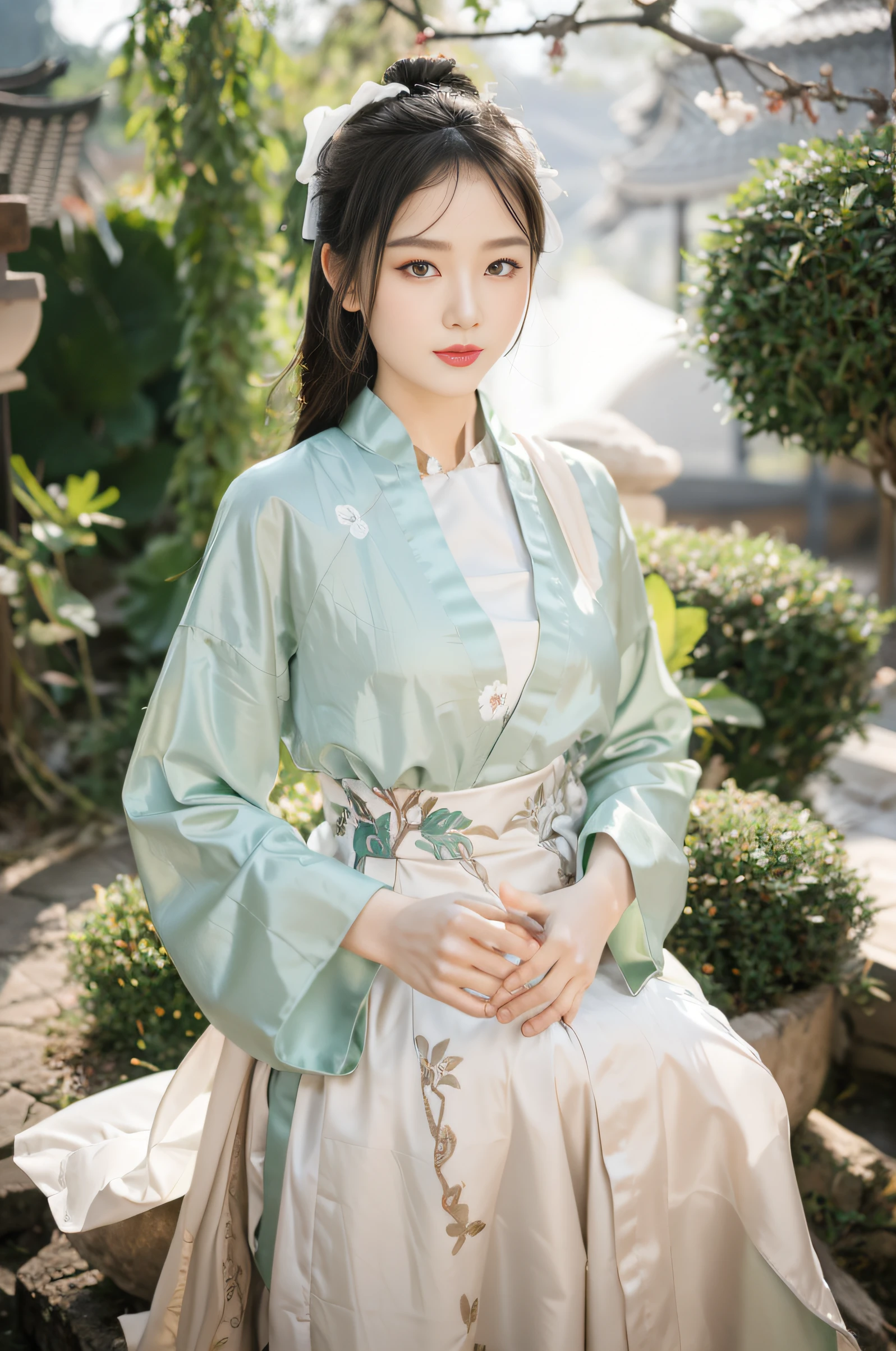 Ancient Chinese woman posing for photo in traditional Chinese costume, palace ， A girl in Hanfu, White Hanfu, Hanfu, with acient chinese clothes, Wearing ancient Chinese clothes, pale and coloured kimono, Traditional Chinese clothing, flowing robe, Sea green and white clothes, wearing ornate silk clothes, long beautiful flowing kimono, white and teal garment，4k，Delicate snow-white skin，looking to the camera，ssmile，Willow eyebrows，light make-up，Ancient royal palace lotus pond background，Realiy，Canon lens shooting，portrait lens，