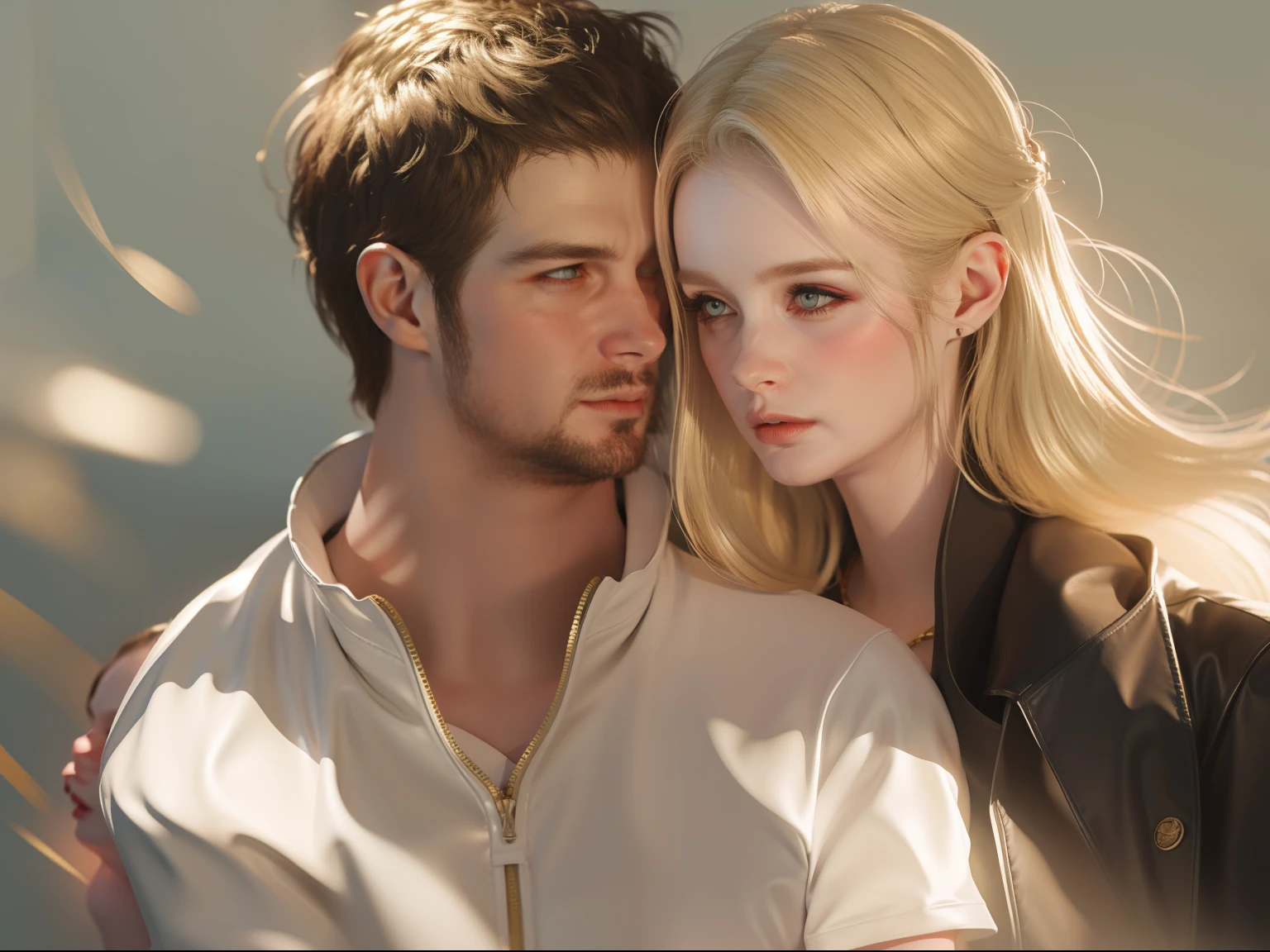 (( 30 years, big man short brown hair, tall ))with ((1woman blonde long hair)) art style guweiz , simple background , couple ,hot ,romance ,bokeh