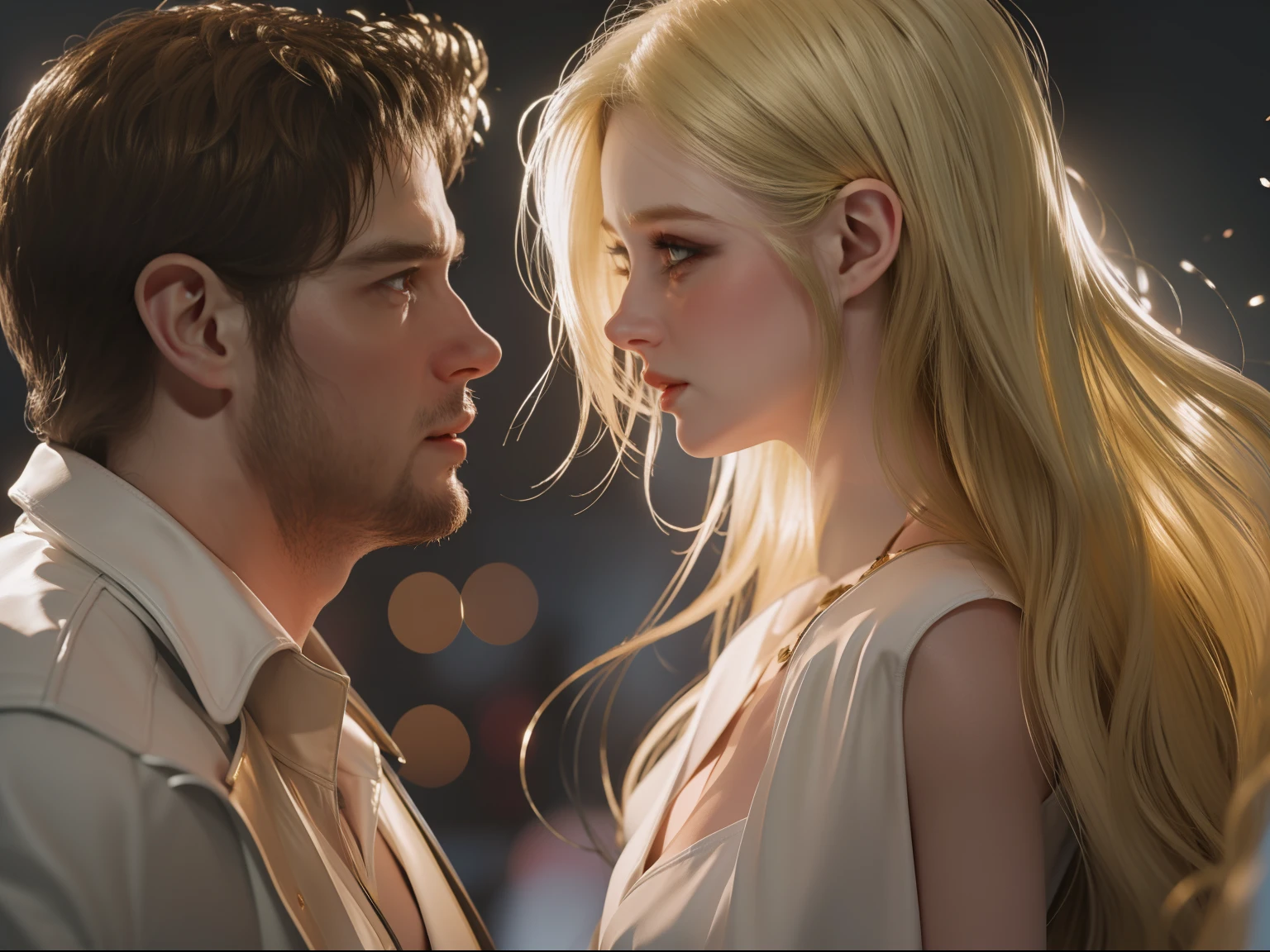 (( 30 years, big man short brown hair, tall ))with ((1woman blonde long hair)) art style guweiz , simple background , couple ,hot ,romance ,bokeh