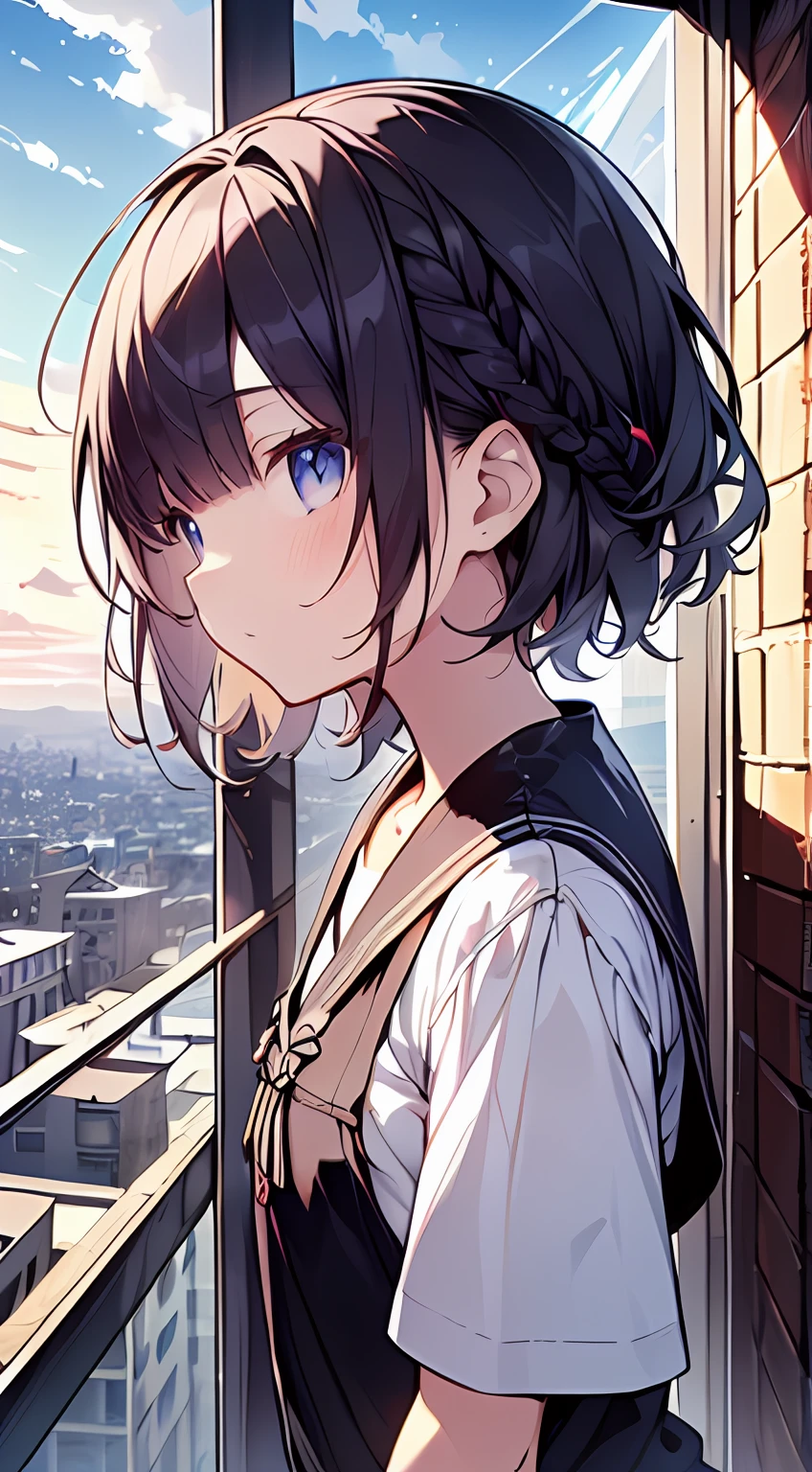 masutepiece, Best Quality,Illustration, Wallpaper, Ultra Detail, absurderes, 1little girl、 Solo, (Medium short hair、short braided hair), Beautiful ultra-detailed eyes , Hair fluttering in the wind、nffsw、 Beautiful sky、(a panoramic view:1.5)