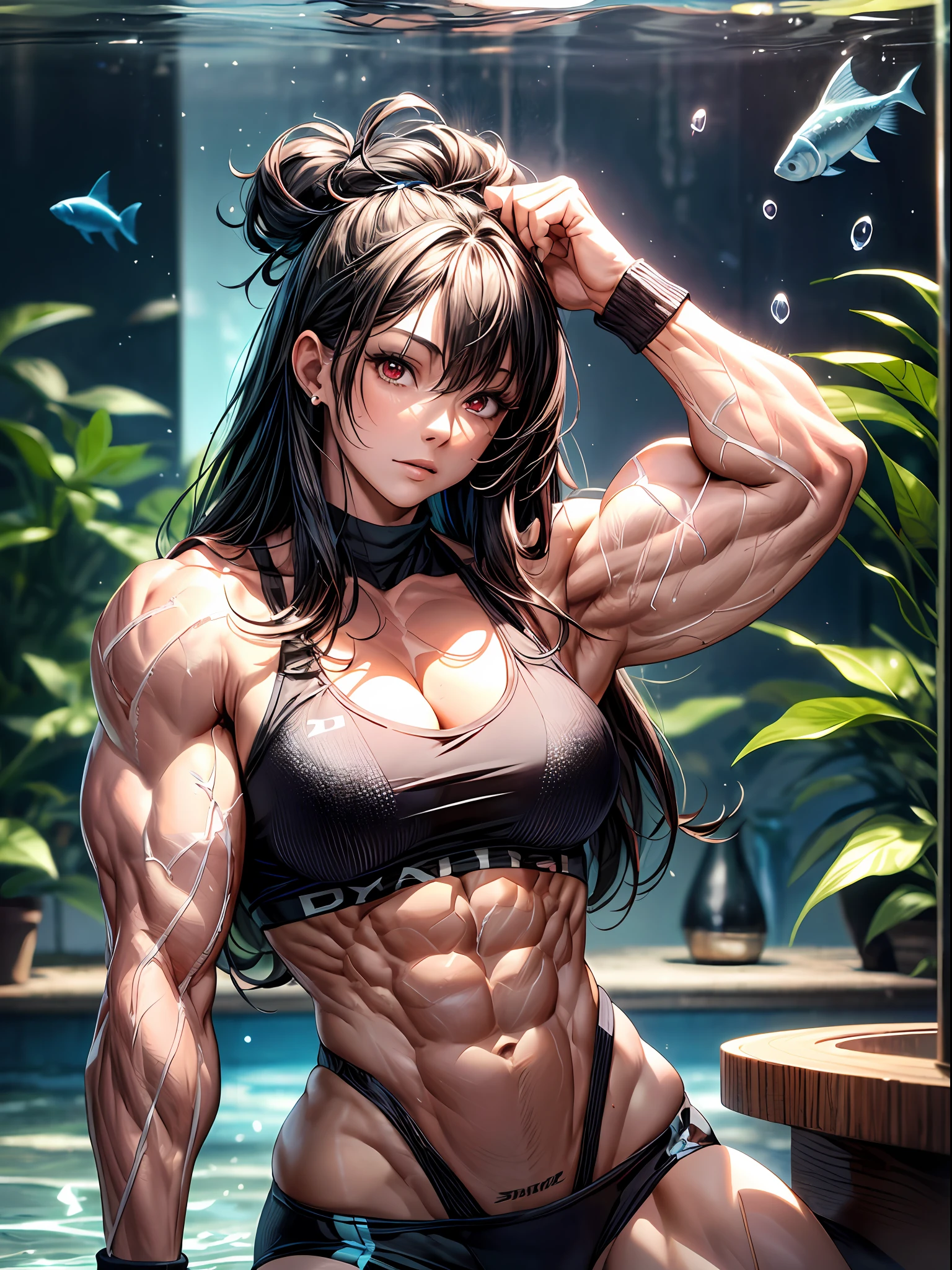 (best lighting) , (super-complex details) , 4K unified, (super-detailed CG: 1.2) , (8K: 1.2),(original), (masterpiece) , (best quality),(Masterpiece:1.4),Anime-ish high quality,(masterpiece),masterpiece, best quality, absurdres,((Masterpeace, 4k, 8k, highres)),(masterpiece), (best quality), (ultra-detailed), (an extremely delicate and beautiful), ((cowboy shot)), 1 woman, Yoru, beautiful face, detailed face, red eyes, scar on the cheek, long hair, black hair, school uniform, white shirt, black tie, dynamic pose, looking at viewer, on a aquarium, fish tank behind her, algae, marine life, blurred bottom, female focus, depth of field, full HD, high definition, high resolution
, ((body builder:1.5)),temple background,(beautiful bace),(girl),(female),(((upper body:1))),from front