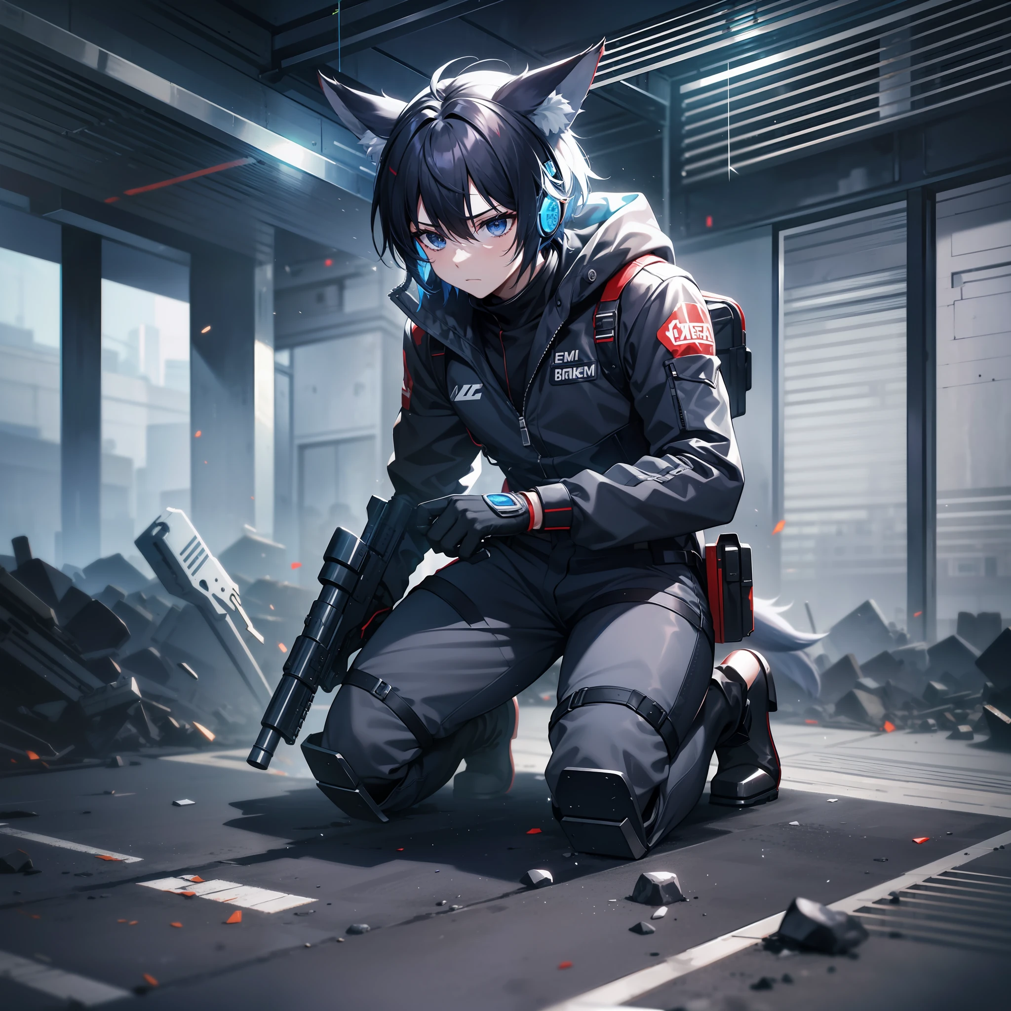 Game CG，8K quality，((younge boy))，Sense of childhood，The male protagonist of the game，Wolf ears，Wolf tail，agony，Tech goggles，Black blue dye，All-in-one mech set，Armoured gloves，Racing boots，Armed with mechanical rifles，Light effects，Full body like，injury，Half kneeling，Hand on the ground，Battle damage，Defeat，Head down，Look to the ground，Single