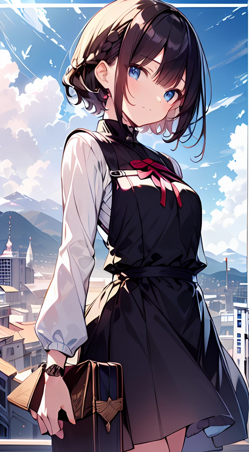 masutepiece, Best Quality,Illustration, Wallpaper, Ultra Detail, absurderes, 1little girl、 Solo, (Medium short hair、short braided hair), Beautiful ultra-detailed eyes , Hair fluttering in the wind、nffsw、 Beautiful sky、(a panoramic view:1.5)