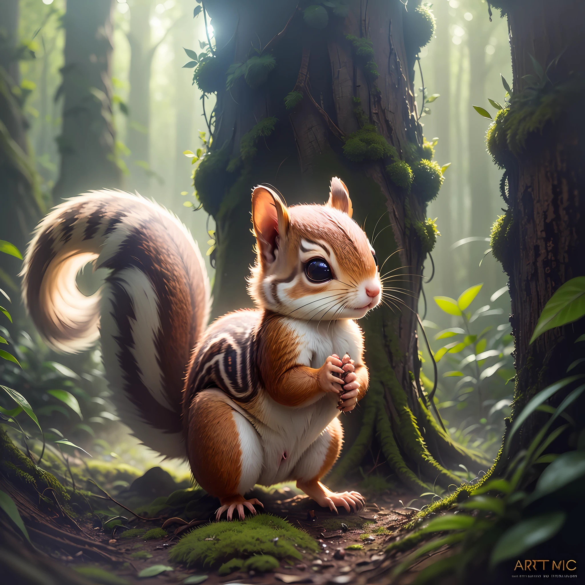 close up photo of a very cute squirrel in the forest, soft volumetric lights, (backlit:1.3), (cinematic:1.2), intricate details, (ArtStation:1.3), Rutkowski --auto --s2