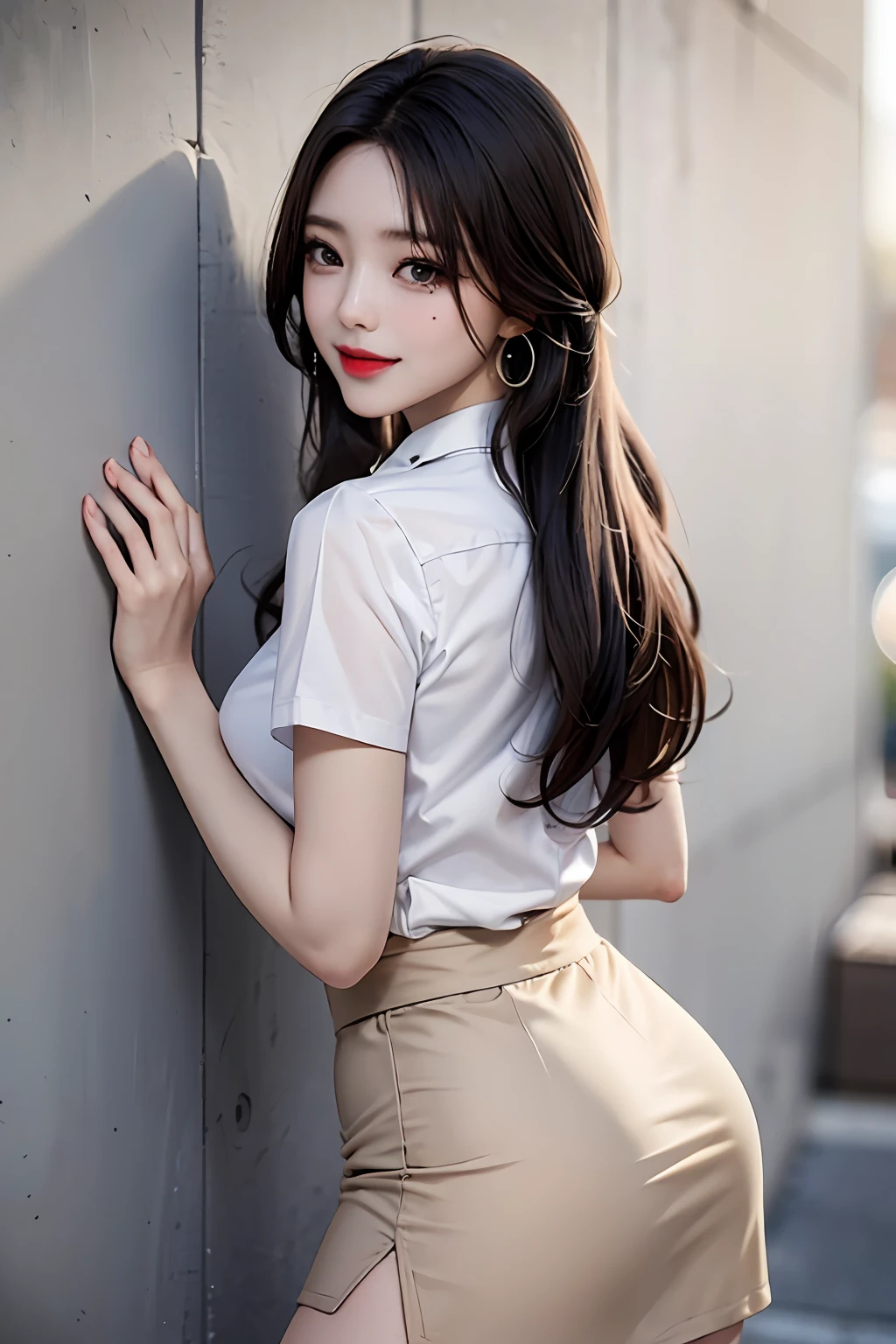 beautiful Korean Young girl, (Back against the wall:1.4),sexy look,(cleavage:1.2),thigh gap,smooth thigh,(Sharp focus:1.2, Perfect Body:1.4, Slim Abs:1.2), Layered hairstyle,beige short skirt, white shirt, brown short skirt, professional wear, collared shirt, short sleeve,clavicle，offshoulder,pale skin, earrings, jewelry, lips, clear and moist eyes, long hair, mole, mole lower eyes, mole lower lip, nose, square, office girl, pencil short skirt, piercing,red lip, teeth,grin， smile,opening legs,pantiess,(dusky alley:1.2)，