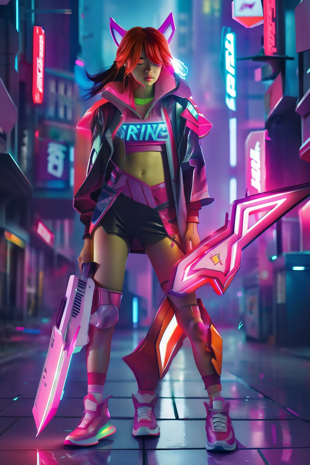 Ahri, red hair, full body shot, character sheet, lightningwave, 3d, cgi, glowing neon, cyberpunk, streetwear outfit, ☂️, neon city, cuber sword oversized tennis shoes comic book art style, massive hammer.
