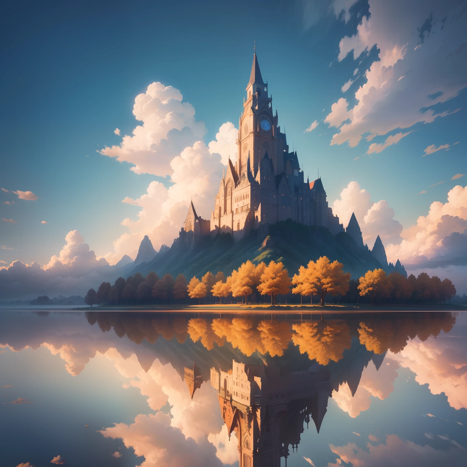 masterpiece, top-quality, (extremely detailed CG unified 8k wallpaper) (top-quality), (The best illustrations), (best shade)、Super Meticulous, blue-sky、Variety of clouds、Wonderfully beautiful、nostalgic、Looking up at the sky、Reflection of the Sun、Landscape only