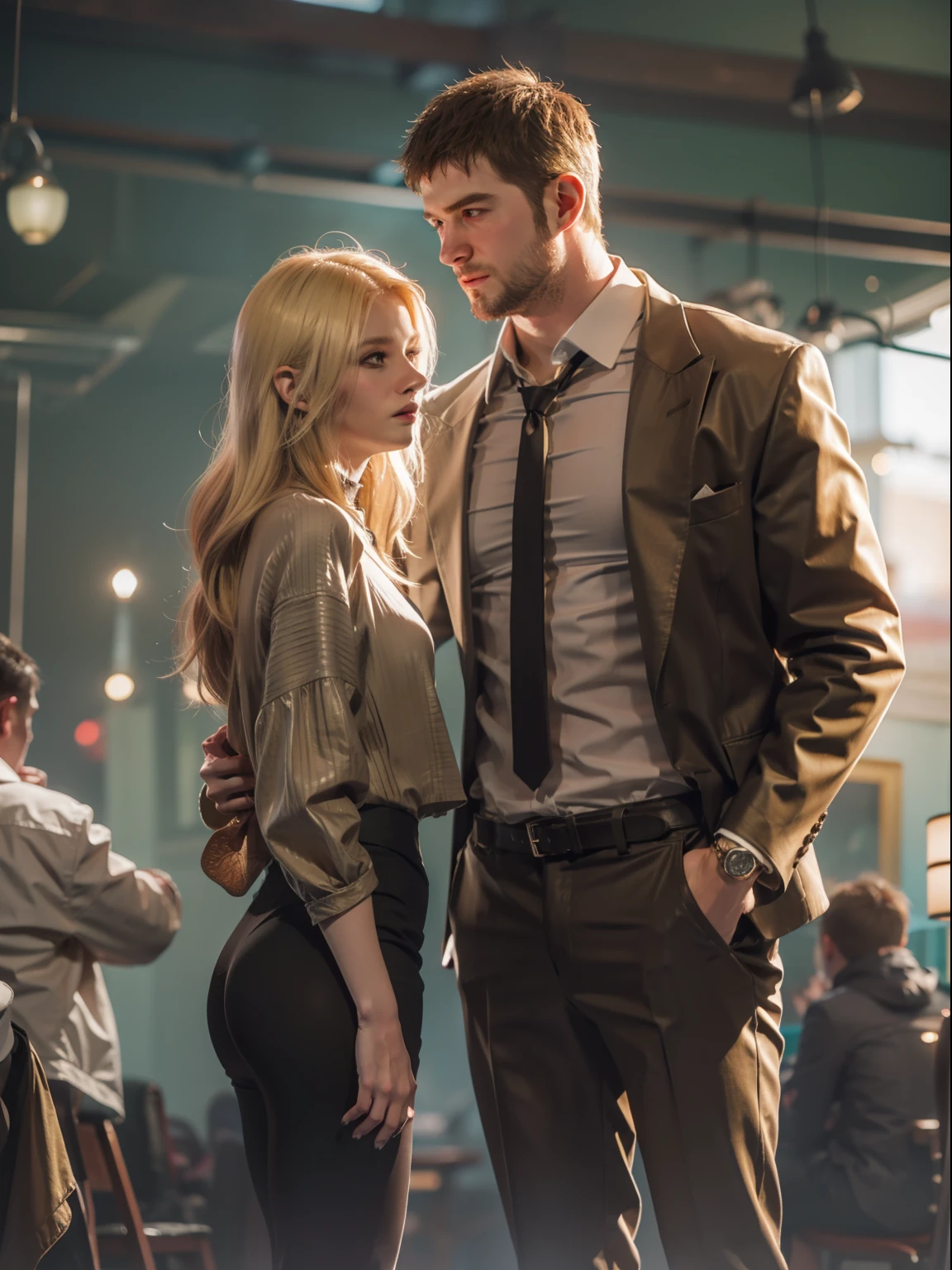 (( 30 years, big man short brown hair, tall ))with ((1woman blonde long hair)) art style guweiz , simple background , couple ,bokeh ,day