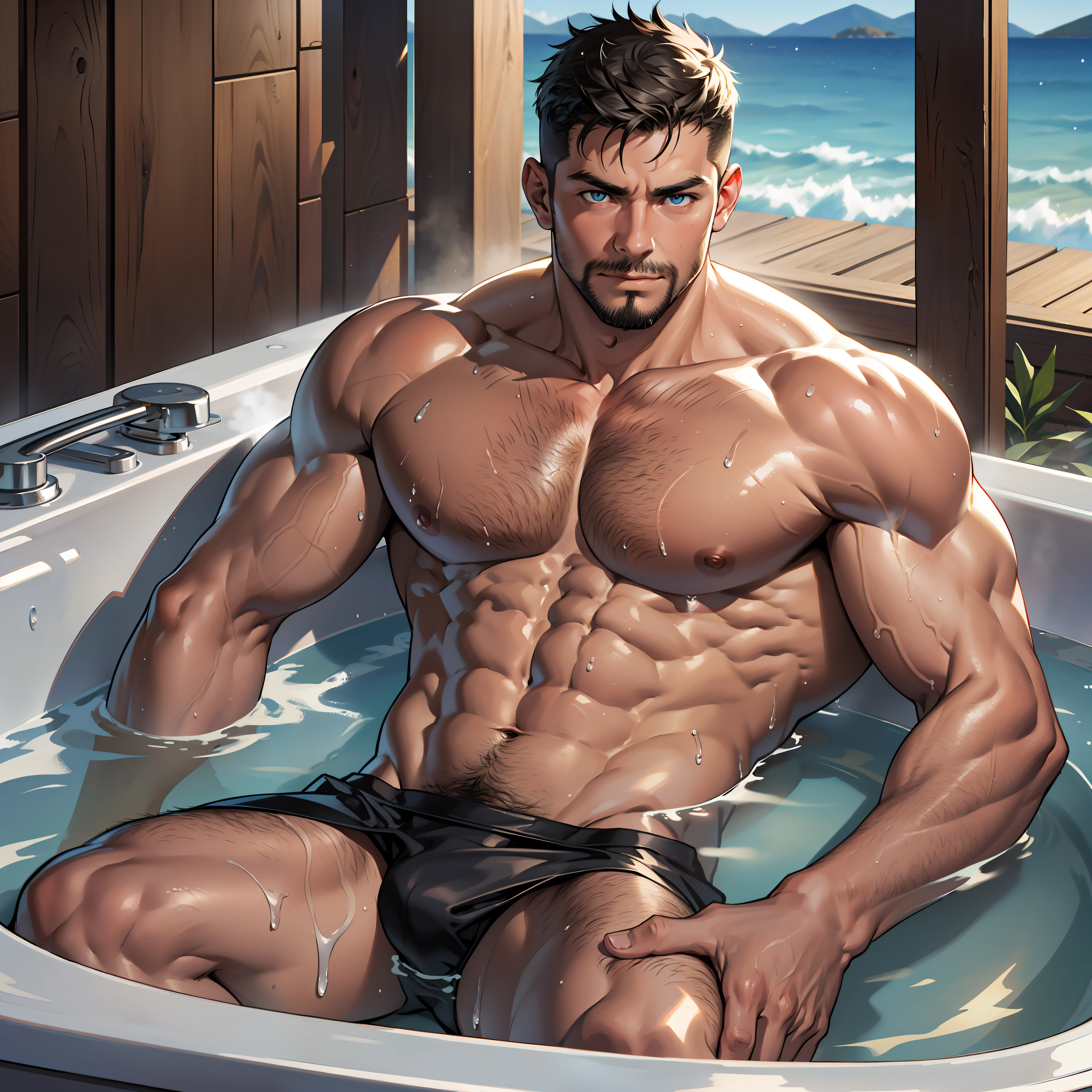 1 man, young middle-aged man, smirks, solo, white skin, muscular, muscle man, tall, hunk, big biceps, abs, big thighs, wide shoulder, open chest, facial hair, black short hair, wet body, wet hair, shirtless, sitting and chilling in a hot tub, white swim trunk, viewer looking, high resolution:1.2, best quality, upper body shot, flat style, blue sky and hot tub background, low camera angle, volumetric lighting, depth of field, shadow, steamy environment