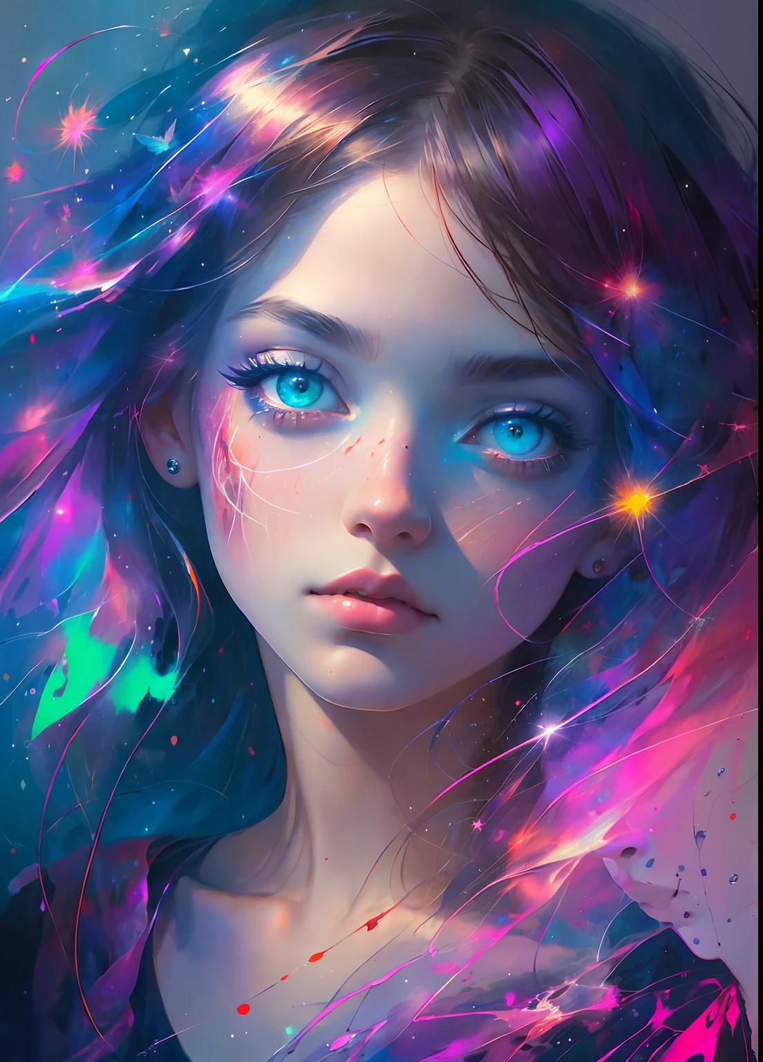 This is a dreamy and ethereal image. Generate a whimsical and strong queen by Agnes Cecile with beautifully detailed and realistic eyes. Include ink drips and fairy lights. The colors used should be soft and pastel except for her eyes, which should be bold and realistically shaded. Include luminous, glitter, shimmer, and intricate detailing. This is a high quality image from world-class artist agnes cecile. ((masterpiece))