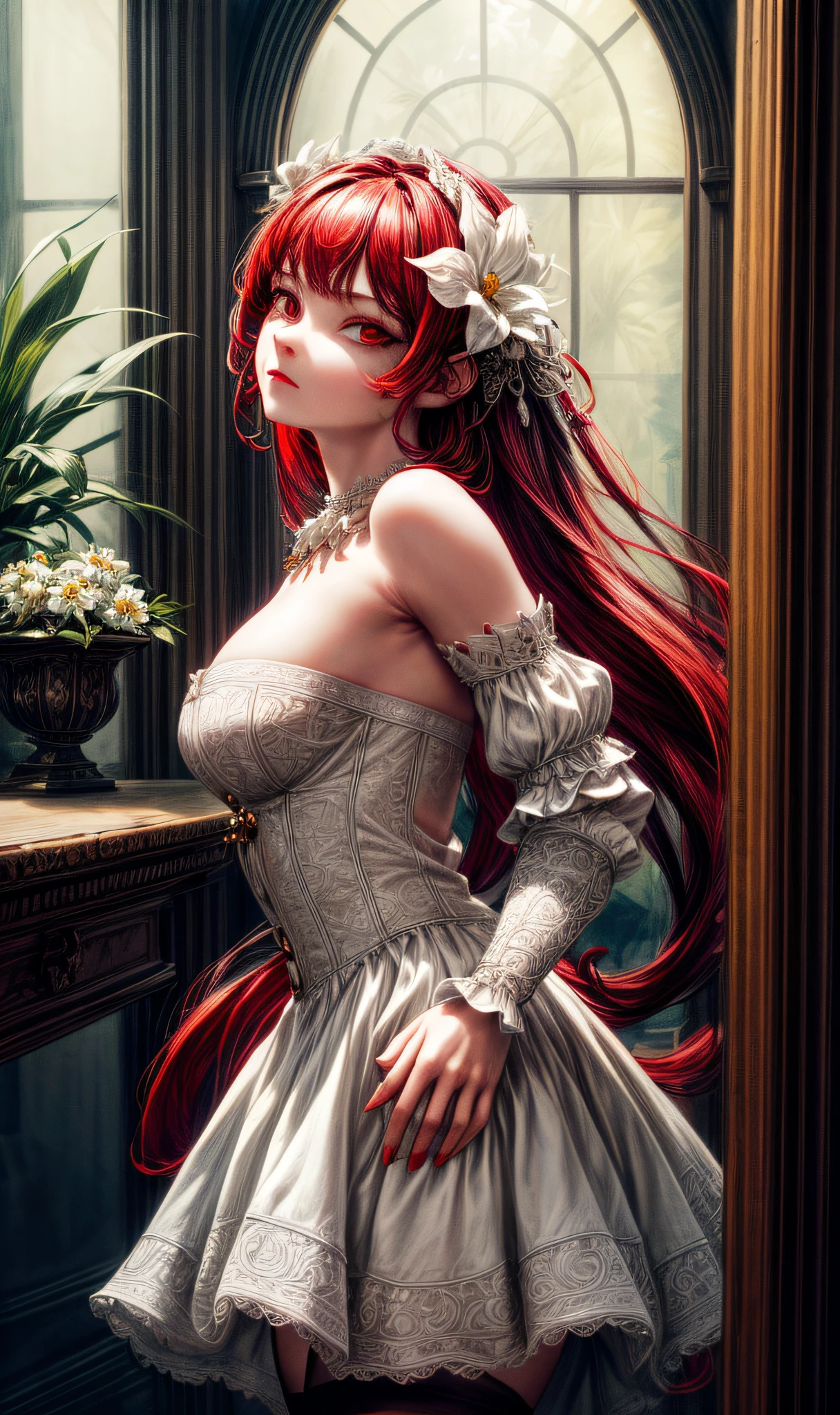 (masterpiece, best quality, high quality, high resolution: 1.4), detailed, extremely detailed, soft ambient lighting, 4K, ornate,

Indoors, (Renaissance, Vintage:1.4), Plants, Window,

1Gril, (Solo:1.4), Standing, Upper Body, (Face Focus:1.2),

(Extremely Detailed Hair: 1.2), Red hair, Long hair, highlights in the front,

Expressionless, emotionless, (red eyes, piercing gaze, contempt, disgust, staring at viewer: 1.2),

curvy, medium breasts, skindentation,

(white flower ornament on the side of the head :1.2), (feathered collar, Strapless, White dress, Short dress, black tights:1.2),