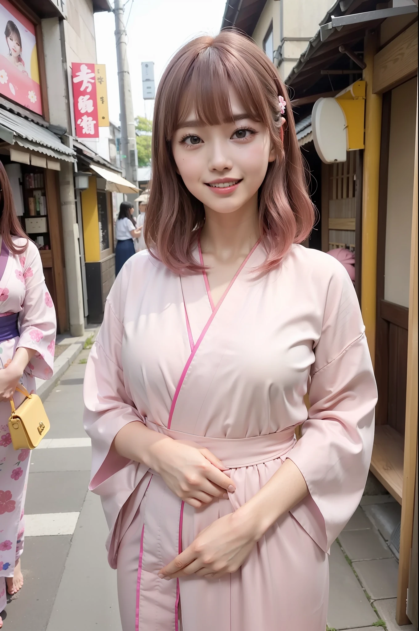 Photo Real、photoRealstic　The hair、Pink and brown hair、A pink-haired、length hair、Curled Hair、Lots of bangs　faces、Hanging eyes、big eye、double tooth、Pointed teeth、Dog teeth、Plump cheeks、Square face、Square contour of the face、Opens mouth and laughs　outfits、Yukata with flashy illustrations、Gorgeous yukata、Flashy illustrated belly wraps、Large belly roll、Yukata with many colors　full bodyesbian、japanes、14years、childish、short stature、Soft thighs、Skinny Legs　the pose、Faces close、Face Close-up、Adult Pose　Background with、Lined with lively shops、Bright cityscape、Crowded alleys