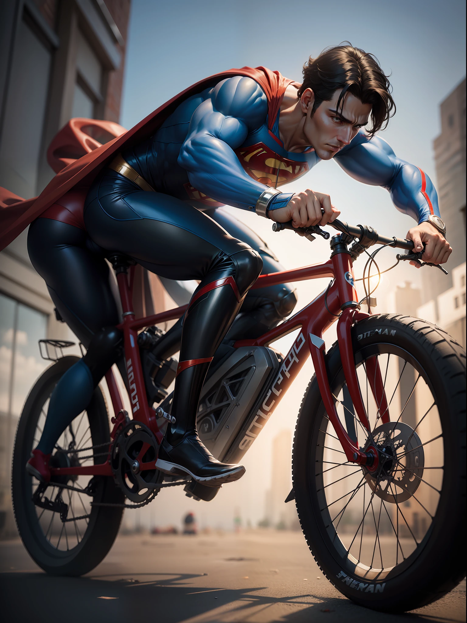 Superman costume bike, made of steel, steel detail, very detailed, masterpiece, top quality, realistic,