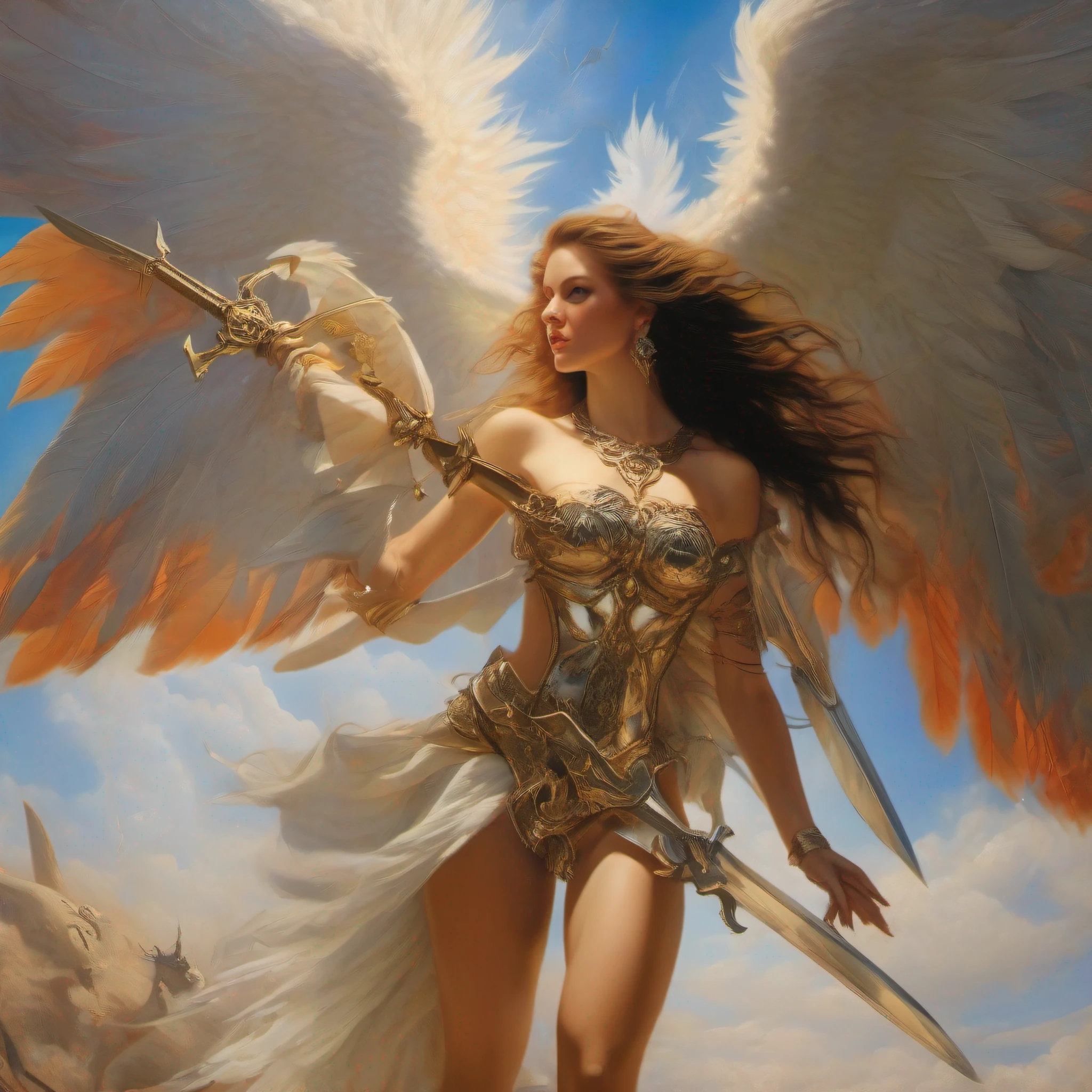 (((Boris Vallejo, Luis Rollo Style))) (((celestial heavenly beautiful and natural women angels with, feathers winds and gorgeous amazing bodies clash in the skies against massive, menacing cyborg robot dragons. ((their wings shimmering in the sunlight as they wield shinny intricate details, swords))) ((full shot body photo of the most beautiful artwork in the world, intricate armor, professional majestic oil painting (masterpiece:1.0), (best quality:1.4), (ultra highres:1.2), (photorealistic:1.4), 8k resolution, Canon EOS R5, 50m