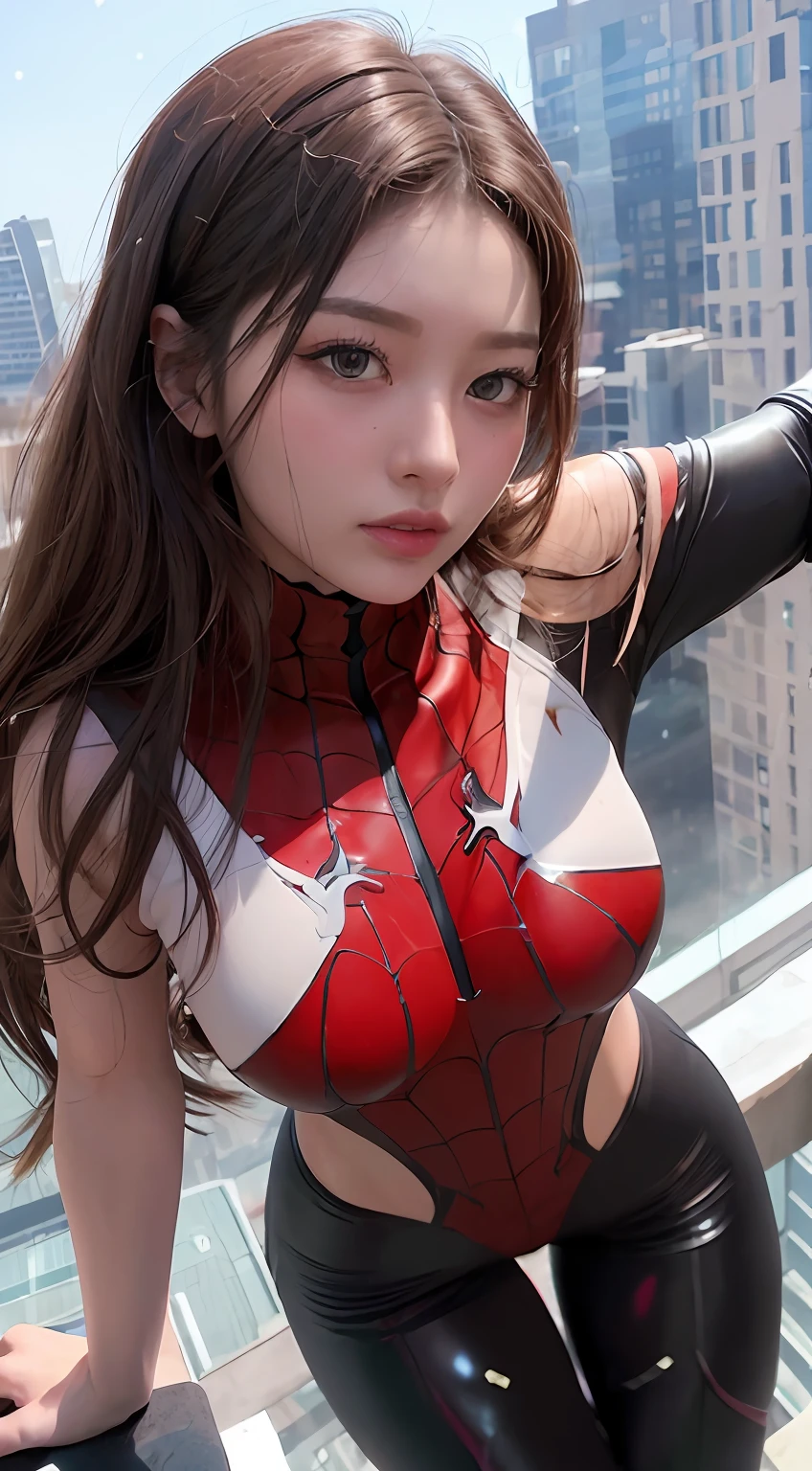 (1 girl:1.3), Solo, (((Highly detailed face)))), ((Highly detailed eyes and face)))), Beautiful detailed eyes, Body parts__, official art, unified 8k wallpaper, ultra detailed, beautiful and beautiful, beautiful, masterpiece, best quality, original, masterpiece, ultra fine photography, best quality, ultra high definition, realistic realism, sunlight, full body portrait, amazing beauty, Dynamic pose, delicate face, vivid eyes, (from the front), she is in a spider-man suit, red and black color scheme, spider, highly detailed city roof background, rooftop, overlooking the city, detailed face, detailed complex busy background, messy and gorgeous milky white, highly detailed skin, realistic skin details, visible pores, clear focus, volumetric fog, 8k UHD, DSLR, high quality, Film grain, fair skin, photorealism, lomography, futuristic dystopian megalopolis, translucent, eros, clothes with chest visible, crotch area full visible design