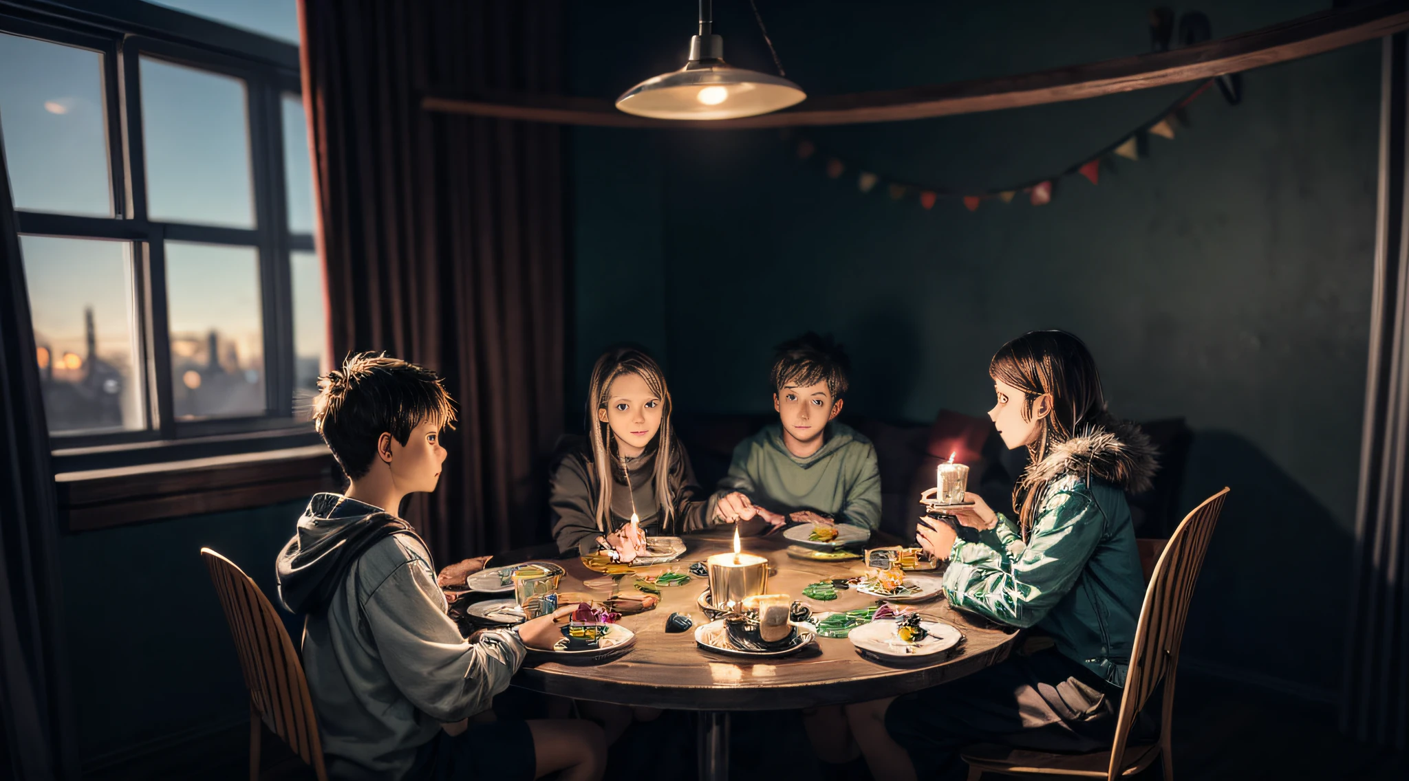 A group of students，In a small room，Cushioned with candles，On the table was a saucer fairy tool，Gather around and play disc fairy