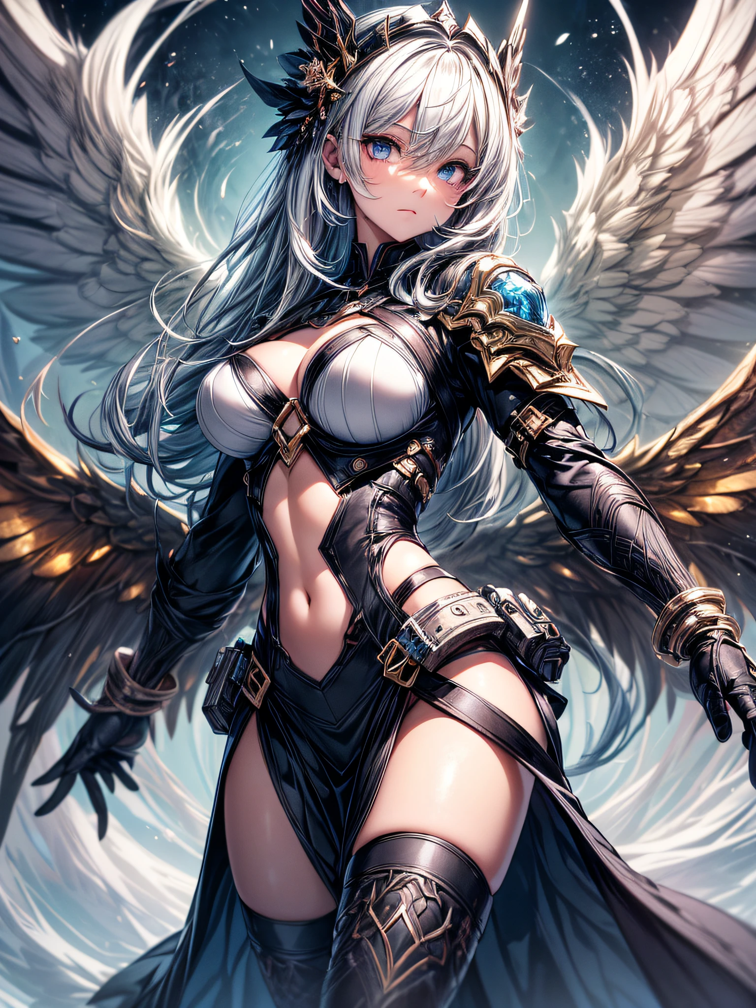 alto contraste, (8k UHD:1.2), (fotorrealista:1.2),(master part:1.4), (best quality:1.4),papel de parede extremamente detalhado, highly detailed illustrations, (1 girl), (best ilumination) , (Detalhes supercomplexos) , 4K unificado, (CG super-detalhado: 1.2) , (8k: 1.2),(Original), (master part) , (best quality),(master part:1.4),Anime-ish de alta qualidade, (((high resolution))),1girl, seios pequenos, Garotinha, exoesqueleto preto e dourado, large mechanical wings, brilhante, (brilhante;1.5)