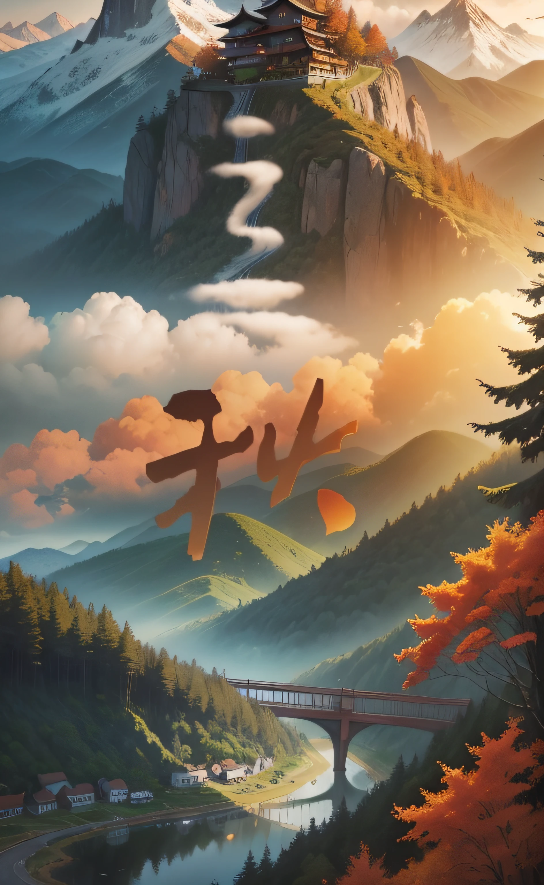 Miyazaki style autumn，Sunnyday，migrant，baiyun，mountain peaks，rios，the trees，small bridges，grass field，Will be the top，A panoramic view of the mountains，high-definition picture quality，8K，in a panoramic view，Sense of layering of the picture，The whole picture is clearly layered