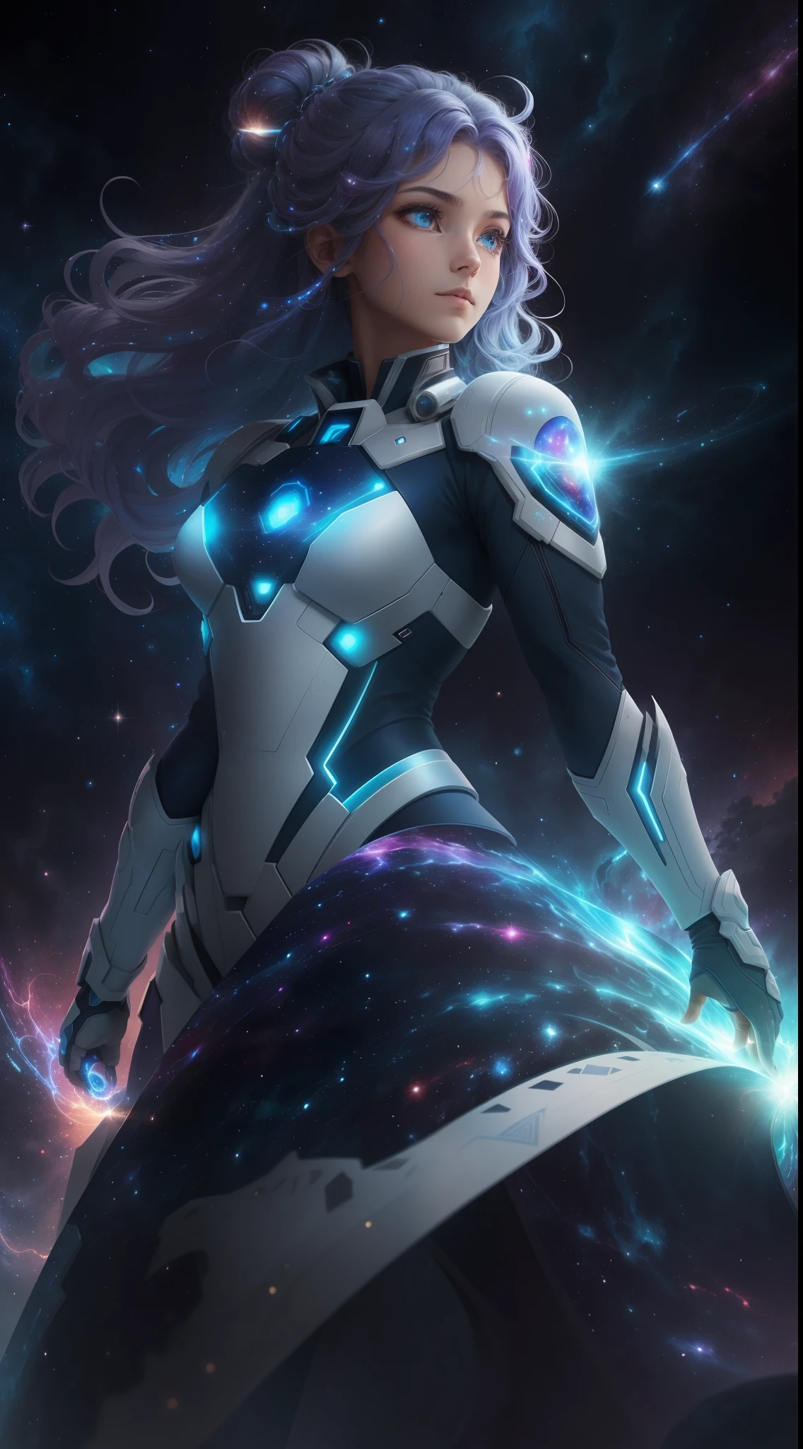 (Ultra resolution 8K), Stunning illustration, hero, "Luz Astral": Con una apariencia celestial, Luz Astral posee una piel de tono marfil que emite un suave resplandor. Her hair seems to be made up of bright stars and her eyes shine with cosmic flashes.... Lleva un traje ajustado en tonos plateados y azules que evoca la inmensidad del espacio. Su capa fluye como una nebulosa en el viento, creando patrones cambiantes de luz. It can project cosmic energy beams and create constellation illusions in the air.... His suit is designed to channel cosmic energy., allowing you to manipulate light and matter at the subatomic level.
