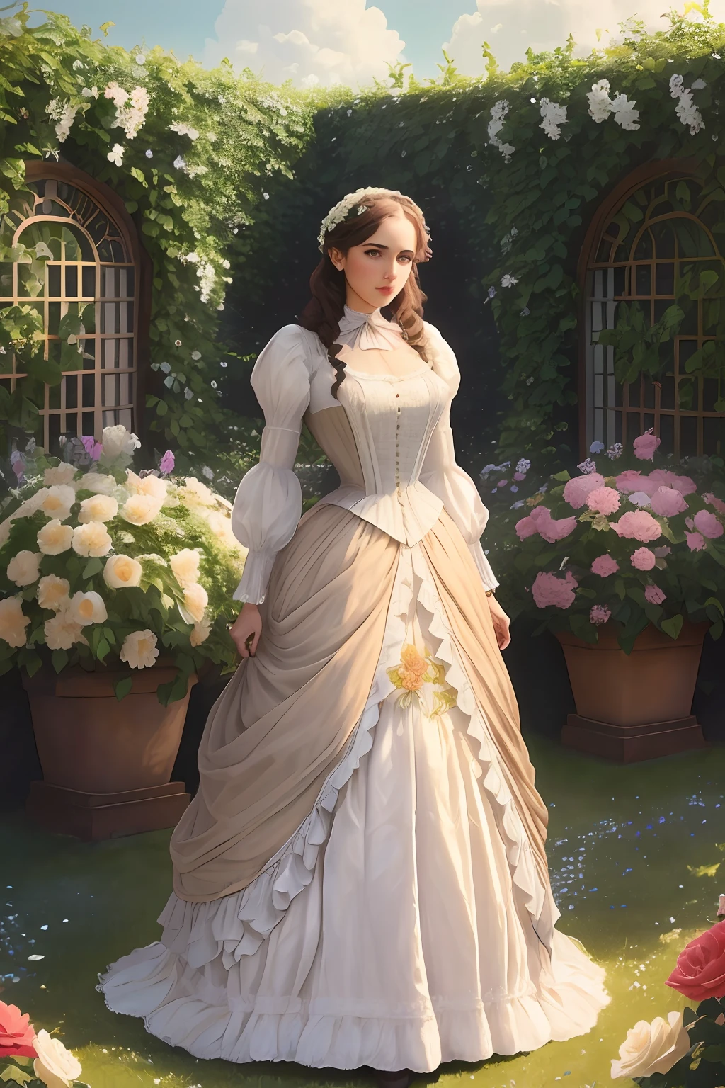 a beautiful woman in her twenties, perfect face, [(detailed face), ((detailed facial features)):0.4], [full body::0.4], victorian era dress, [ball gown::0.4], garden, [sky::0.4], masterpiece, high quality, best quality, [delicate pattern, intricate detail, [soft rim light], detailed foliage, flowers:0.4], garden alcove bower