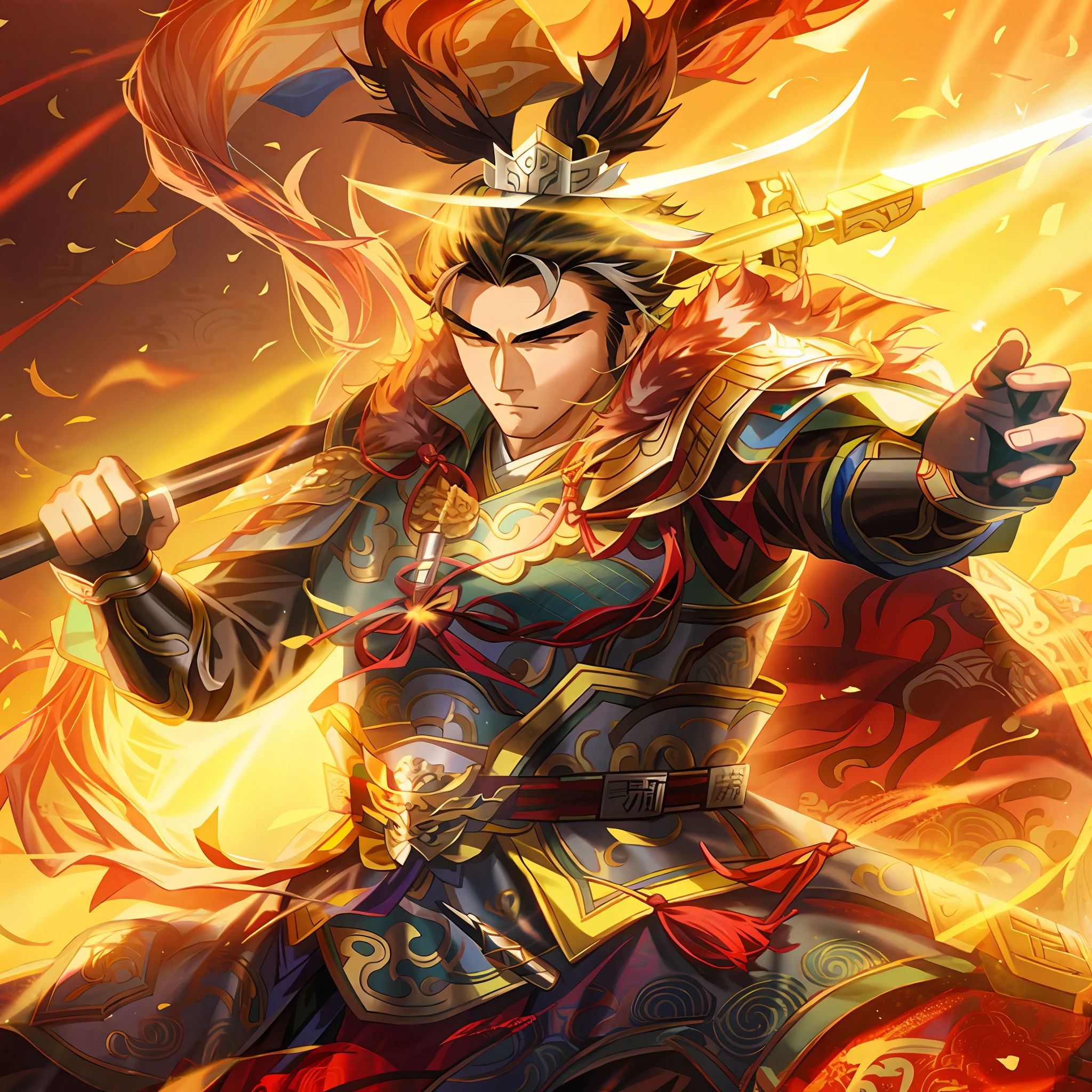 A man in armor holds a spear, zhao yun, Inspired by Huang Shen, bian lian, inspired by Li Kan, Inspired by Seki Dosheng, heise jinyao, xianxia hero, by Yang J, chinese three kingdoms, inspired by Wuzhun Shifan, inspired by Yang Jin, inspired by Park Hua