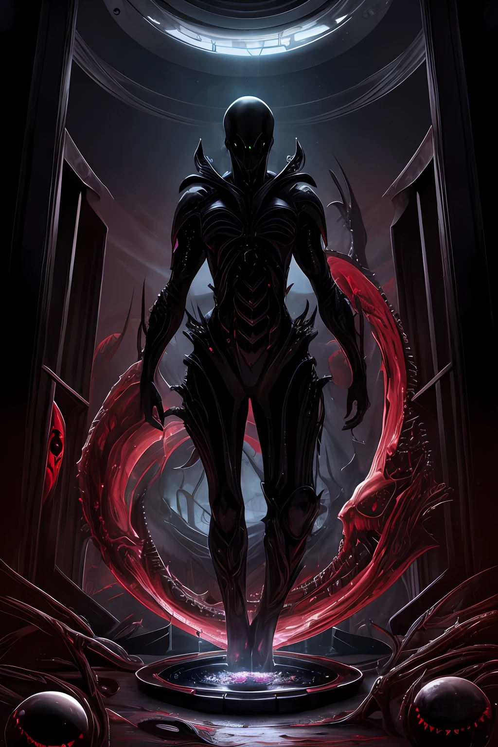 sci-fy, CG, internal organs, eyeballs, terroral, blood vess, Disgusting drink, sharp light, hight contrast, Dark black tones, Alien creatures, A sense of suspense, A distorted scene. --auto