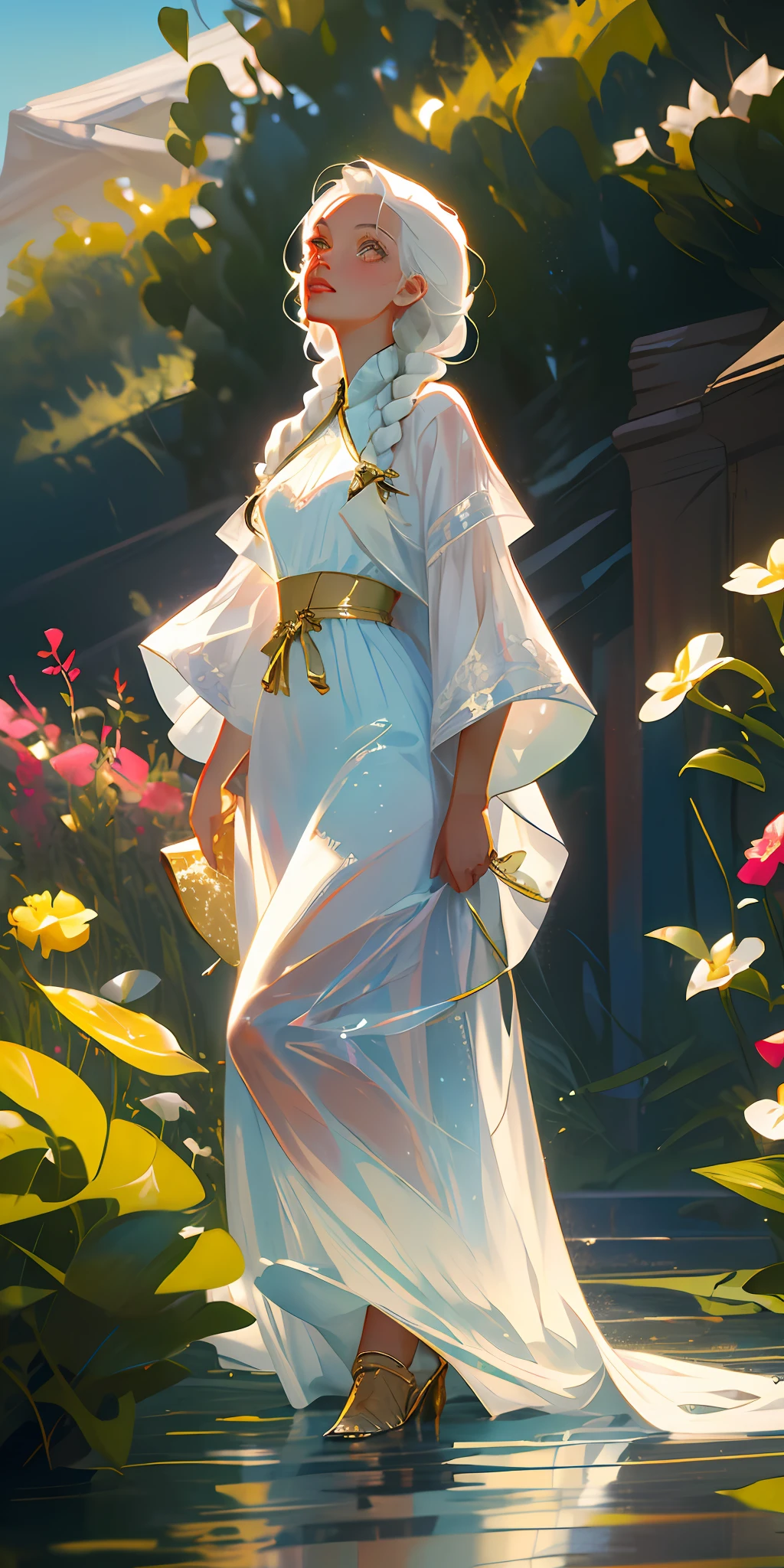 Excellent, masterpiece, white hair, golden eyes, white clothes, looking up, lower body, hair, fair skin, side braids