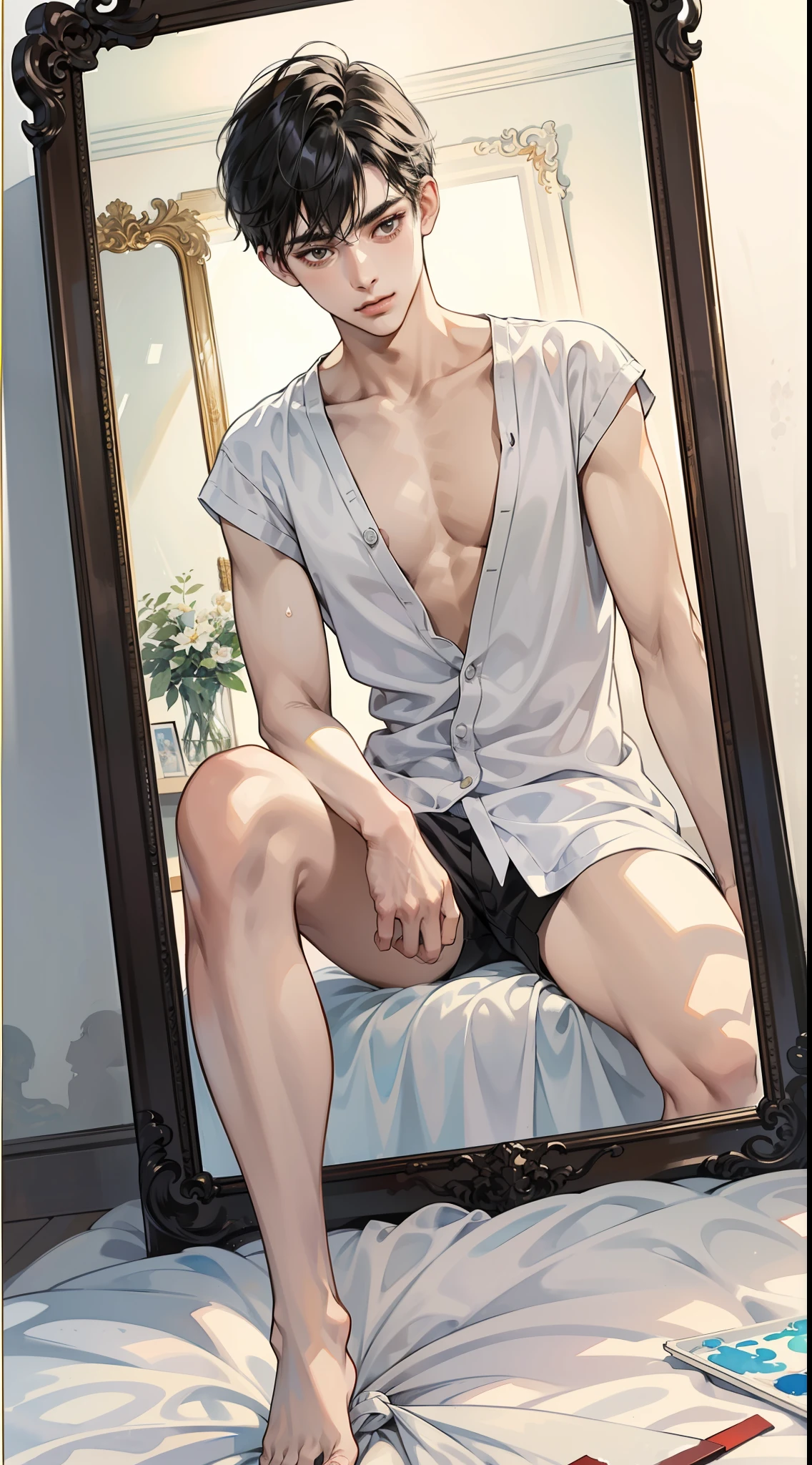 ((only one person)), A beautiful boy is sitting on a bed in a closed room,(((all of him is in the mirror))), gay, masterpiece,highest quality,High contrast, The upper body is naked, closeup cleavage, Correct anatomy, Interactive expressions, short detailed hair, slender body, erotic, shorts, White sox, foot fetish, (high quality watercolor:1.3), black hair