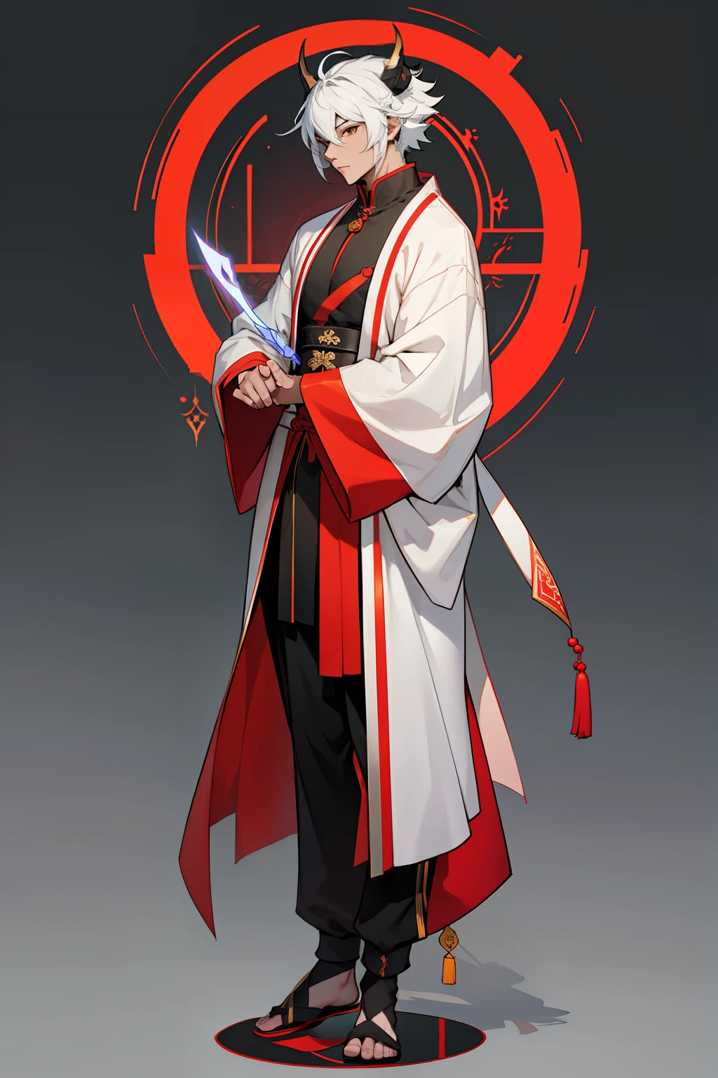 a drawing,mtu,Taoist, full body concept, detailed full-body concept, Outlined!!!, , sharp lineart, Full body character drawing, full character body, unrealistic character concept, , Immortal concept, bold lineart, whole body highly detailed,Black, red and white clothes,robe,Taoist decoration