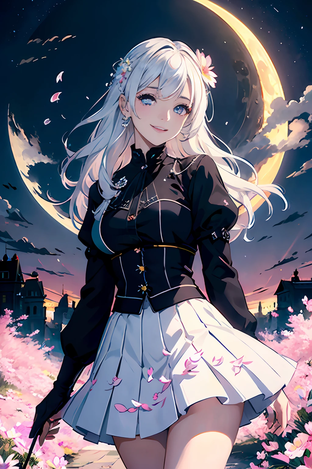 masterpiece, best quality,
1girl, (colorful),(finely detailed beautiful eyes and detailed face),cinematic lighting,bust shot,extremely detailed CG unity 8k wallpaper,white hair,solo,smile,intricate skirt,((flying petal)),(Flowery meadow)
sky, cloudy_sky, building, moonlight, moon, night, (dark theme:1.3), light, fantasy,