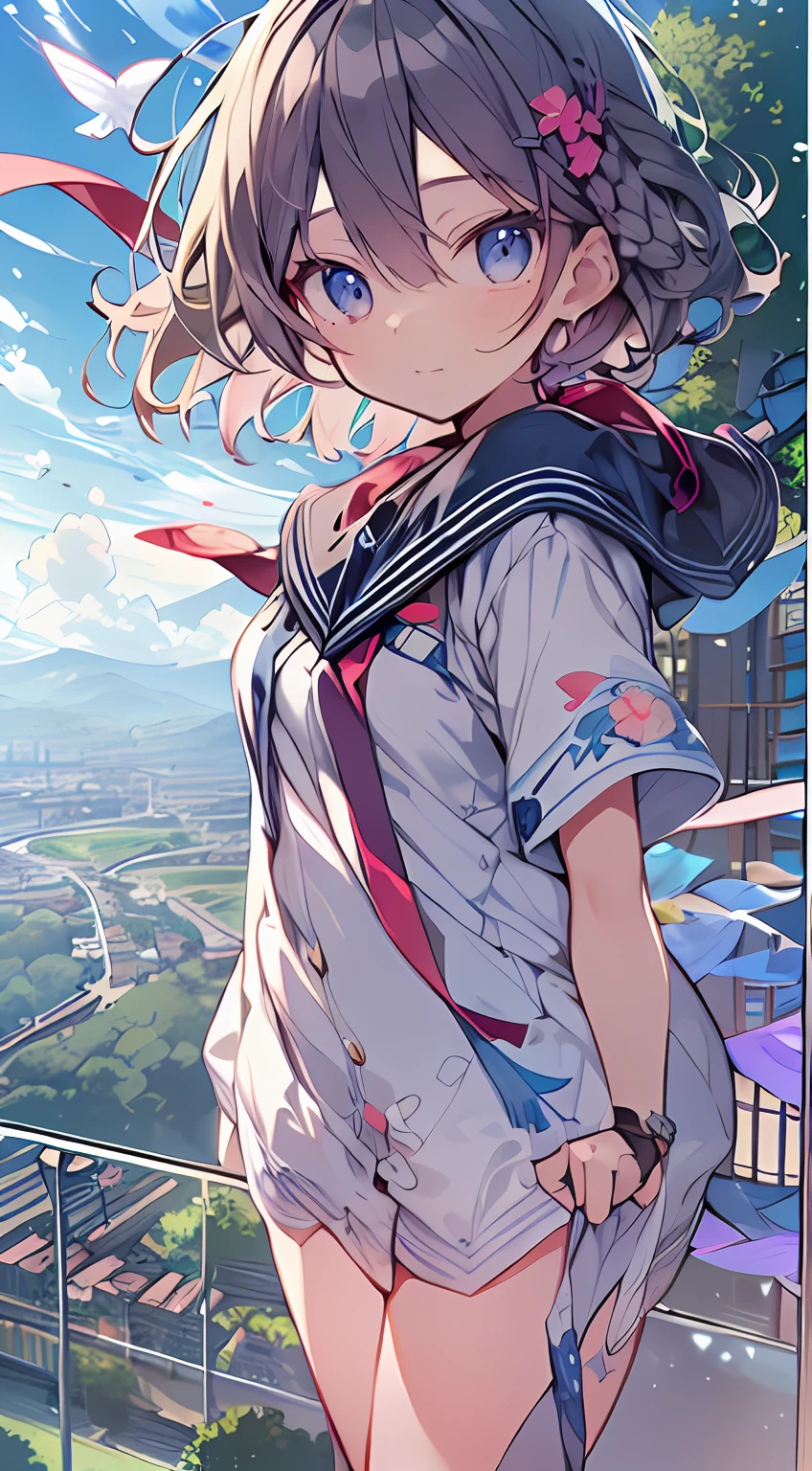 masutepiece, Best Quality,Illustration, Wallpaper, Ultra Detail, absurderes, 1little girl、 Solo, (Medium short hair、short braided hair), Beautiful ultra-detailed eyes , Hair fluttering in the wind、:*)、 Beautiful sky、(a panoramic view:1.5)