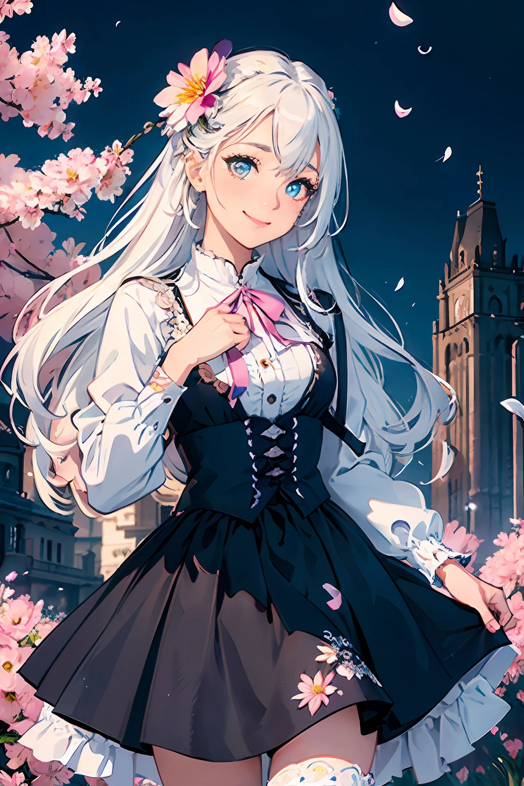 masterpiece, best quality,
1girl, (colorful),(finely detailed beautiful eyes and detailed face),cinematic lighting,bust shot,extremely detailed CG unity 8k wallpaper,white hair,solo,smile,intricate skirt,((flying petal)),(Flowery meadow)
sky, cloudy_sky, building, moonlight, moon, night, (dark theme:1.3), light, fantasy,