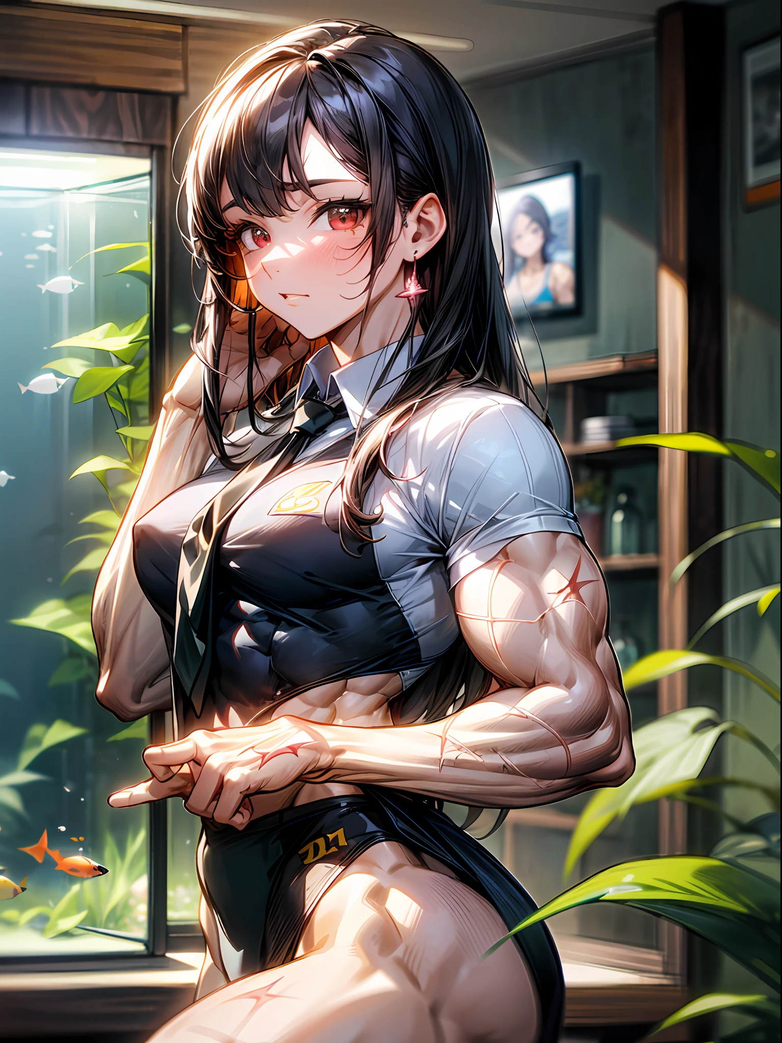 (best lighting) , (super-complex details) , 4K unified, (super-detailed CG: 1.2) , (8K: 1.2),(original), (masterpiece) , (best quality),(Masterpiece:1.4),Anime-ish high quality,(masterpiece),masterpiece, best quality, absurdres,((Masterpeace, 4k, 8k, highres)),(masterpiece), (best quality), (ultra-detailed), (an extremely delicate and beautiful), ((cowboy shot)), 1 woman, Yoru, beautiful face, detailed face, red eyes, scar on the cheek, long hair, black hair, school uniform, white shirt, black tie, dynamic pose, looking at viewer, on a aquarium, fish tank behind her, algae, marine life, blurred bottom, female focus, depth of field, full HD, high definition, high resolution
, ((body builder:1.5)),temple background,(beautiful bace),(girl),(female),(((upper body:1))),from front