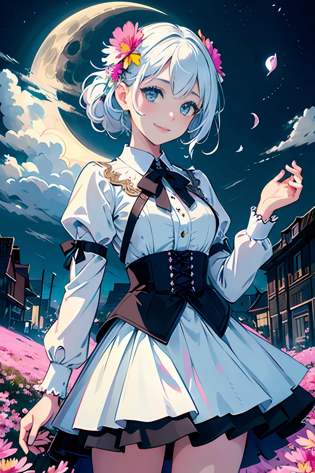 masterpiece, best quality,
1girl, (colorful),(finely detailed beautiful eyes and detailed face),cinematic lighting,bust shot,extremely detailed CG unity 8k wallpaper,white hair,solo,smile,intricate skirt,((flying petal)),(Flowery meadow)
sky, cloudy_sky, building, moonlight, moon, night, (dark theme:1.3), light, fantasy,