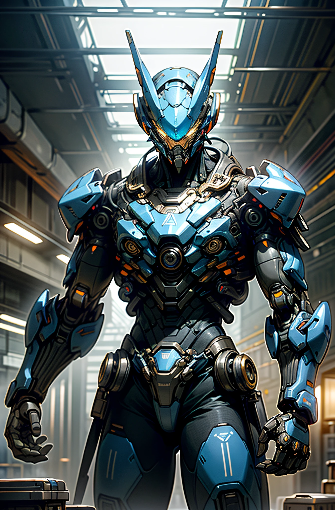 obra-prima, melhor qualidade, Escuro_fantasia, Cyberpunk,(motosserra, homem da motosserra,azul: 1.1),1 homem,mechanical marvel,robotic presence,cybernetic guardian, wearing a worn mechanical suit, intrincado, (steel metal [enferrujado]), elegante, Foco claro , Filmado por Greg Rutkowski, soft-lighting, cores vibrantes, obra-prima, ((rua)), Tiroteio de Cowboy, dinamic pose,