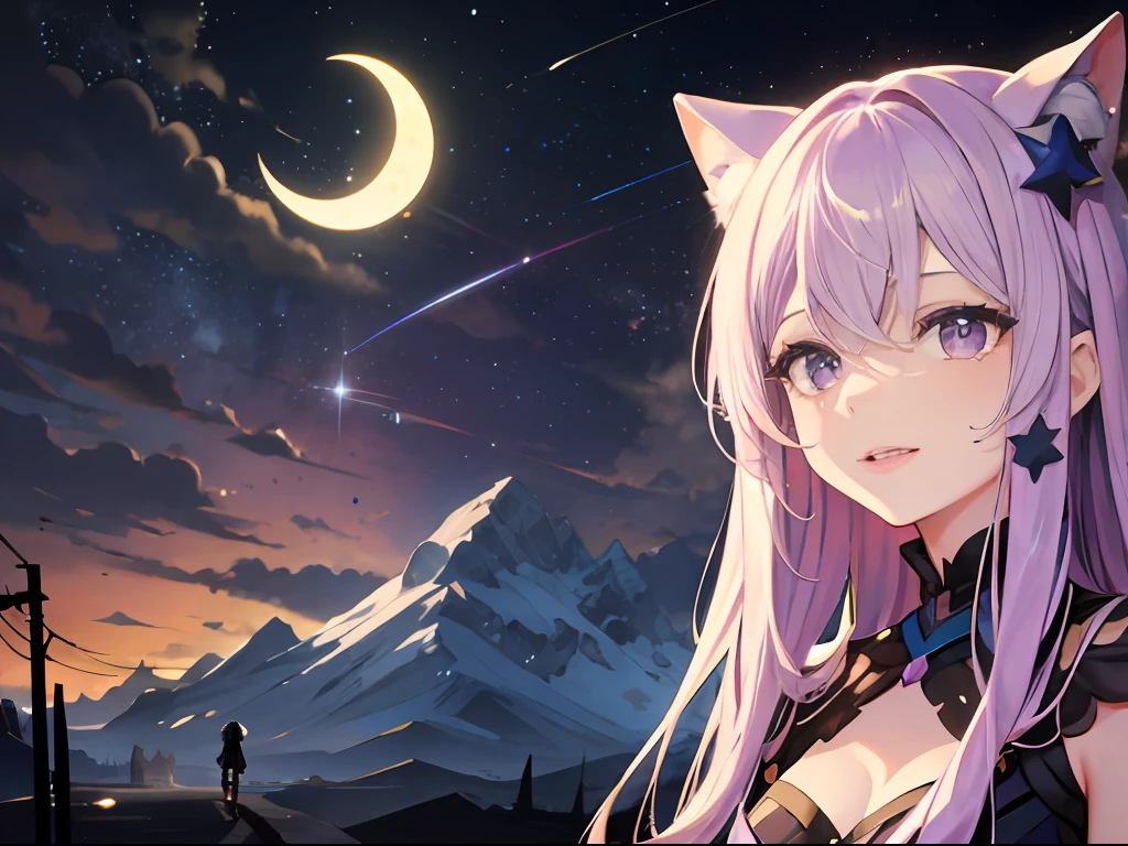 Best quality, tmasterpiece, A 12 year old girl on a night with stars and moon,Walk on a deserted path,Long light purple hair and purple eyes,Clear facial features,panting,There is a sparkle in the eyes