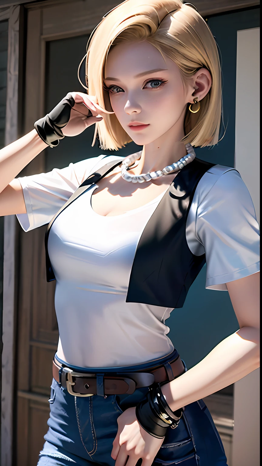 8k, real picture, intricate details, ultra-detailed,(photorealistic),
and18, 1girl, android 18, blonde hair, blue eyes, belt, jeans, pearl_necklace, bracelet, black gloves, white shirt, short hair, short sleeves, earrings, blue pants, open vest, black vest,
peace, sign