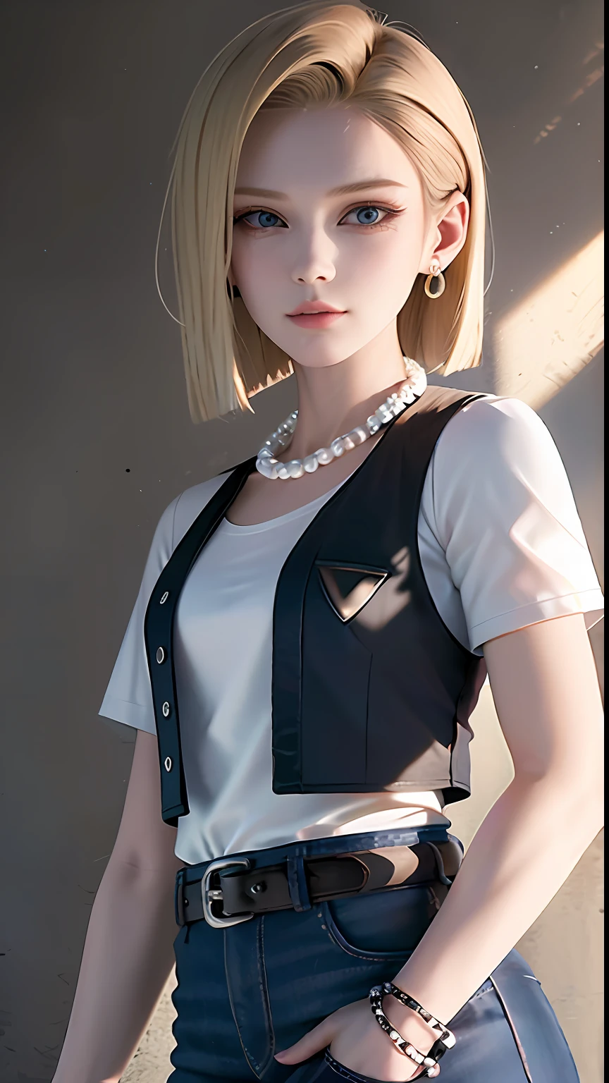 8k, real picture, intricate details, ultra-detailed,(photorealistic),
and18, 1girl, android 18, blonde hair, blue eyes, belt, jeans, pearl_necklace, bracelet, black gloves, white shirt, short hair, short sleeves, earrings, blue pants, open vest, black vest,
peace, sign