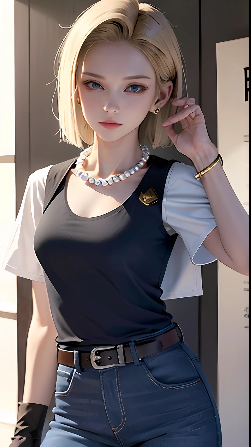 8k, real picture, intricate details, ultra-detailed,(photorealistic),
and18, 1girl, android 18, blonde hair, blue eyes, belt, jeans, pearl_necklace, bracelet, black gloves, white shirt, short hair, short sleeves, earrings, blue pants, open vest, black vest,
peace, sign