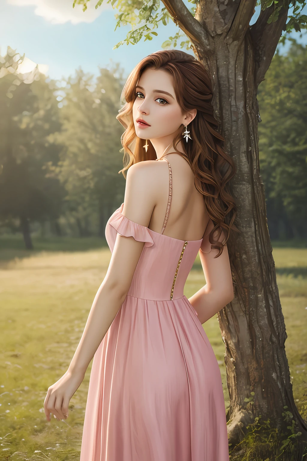 Best quality, masterpiece, photorealistic:1.27, ultra high res, 8K raw photo, 1girl, dress, solo, brown hair, jewelry, long hair, earrings, pink dress, tree, nature, outdoors, bare shoulders, abandoned barn, looking back, standing, necklace, head tilt, wavy hair, looking at viewer, detailed texture, rim lightning, cowboy shot