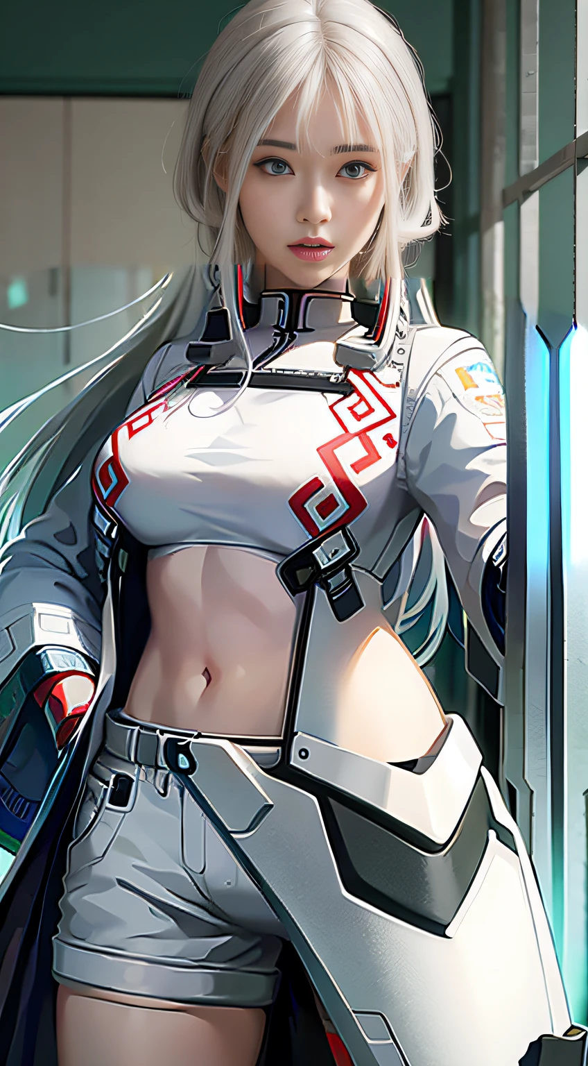 Long white hair and blue eyes， Wearing a white mecha technology combat suit，The left hand holds a sword，Realiy