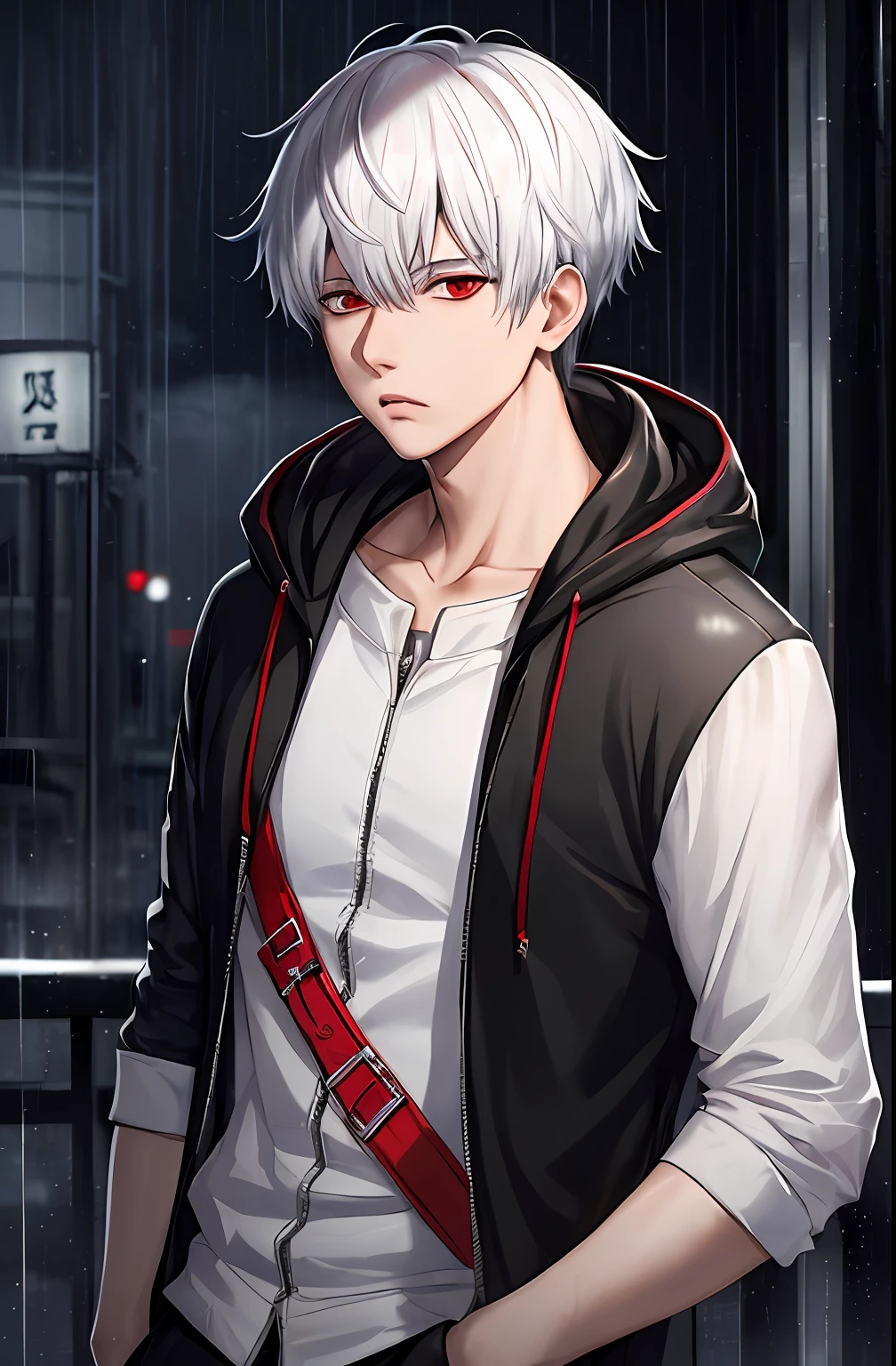 kk, best quality, more details, masterpiece, 1boy, kaneki ken, portrait, male focus, red eyes, solo, bangs, looking at viewer, hood, short hair, rain, tokyo tokyo \(city\),  hood up, nail polish, white hair, luxurious, 8k, detailed, ray tracing, depth of field, cinematic lighting,