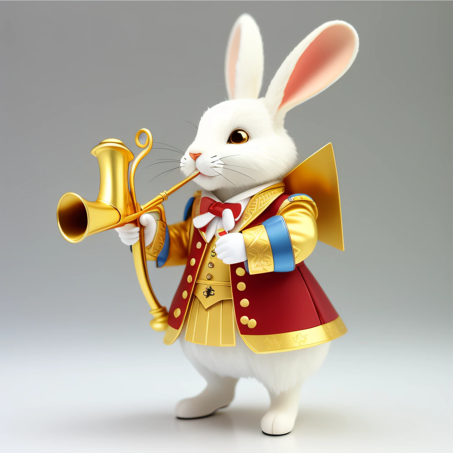《alice in the wonderland》The image of Mr. Rabbit,Q Moe,The right hand holds a golden horn,Blowing trumpet,left hand holding a scroll,He wears clothes with a playing card pattern,Disney animation,Popmart blind box,IP design,,white backgrounid,Clean background,resin,3Drenderingof,OC rendering,8K,soft focus,Fine gloss super detail,