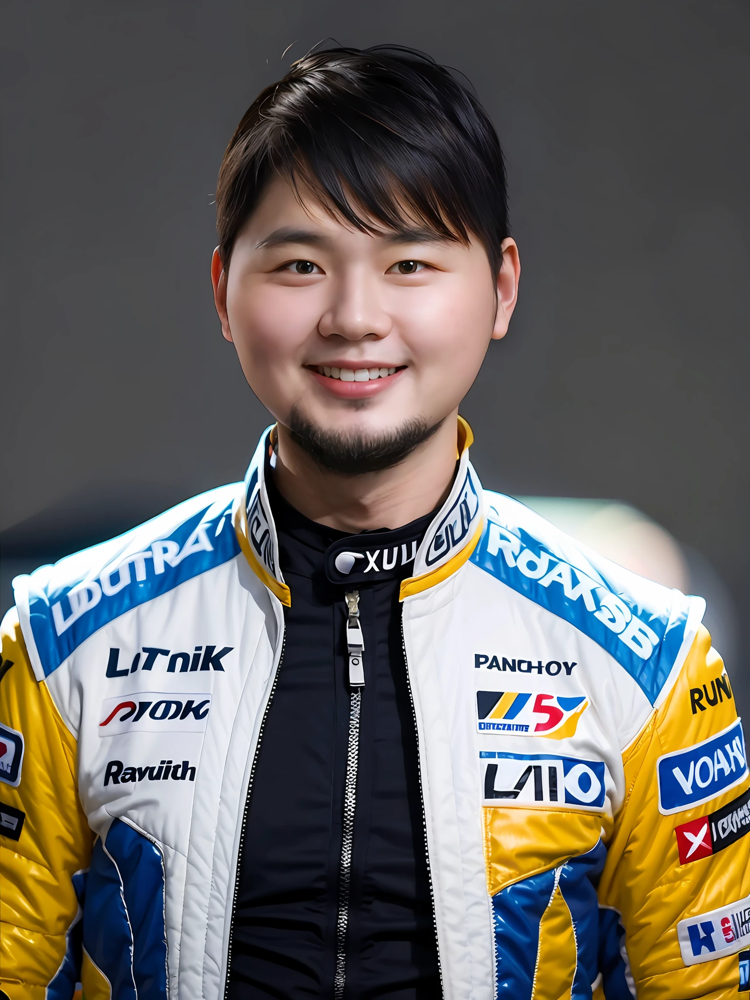 A man wearing Lin Zhiying's racing suit，punky style