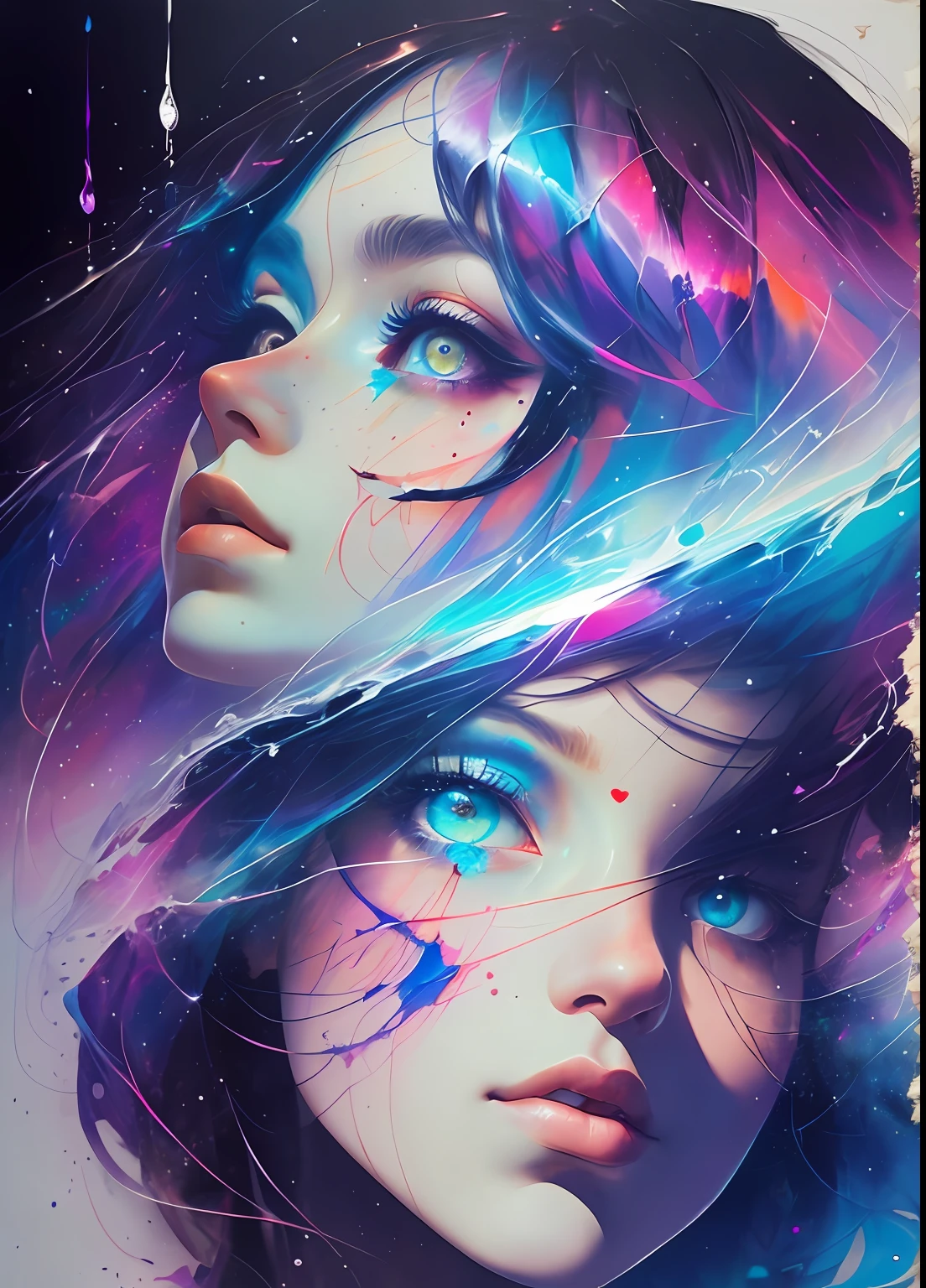 This is a dreamy and ethereal image. Generate a whimsical and strong queen by Agnes Cecile with beautifully detailed and realistic eyes. Include ink drips and fairy lights. The colors used should be soft and pastel except for her eyes, which should be bold and realistically shaded. Include luminous, glitter, shimmer, and intricate detailing. This is a high quality image from world-class artist agnes cecile. ((masterpiece))