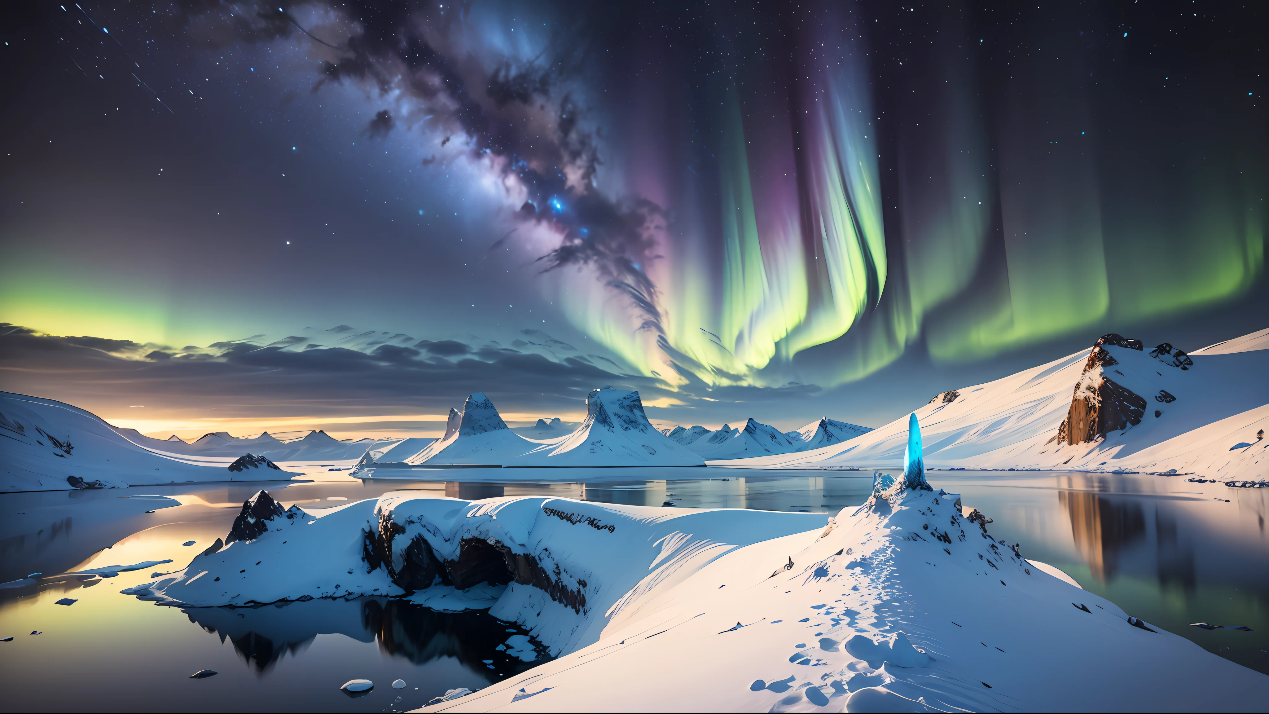 Arctic hills, Ice, Sky with Northern Lights, night sky with stars, River between hills, Mountains with ice, Cold, Cinematic lighting, art concept, art, Realistic, Real, Norwegian concept, Cinematic, Science fiction, Stars fall, meteors are falling from the sky, 8K