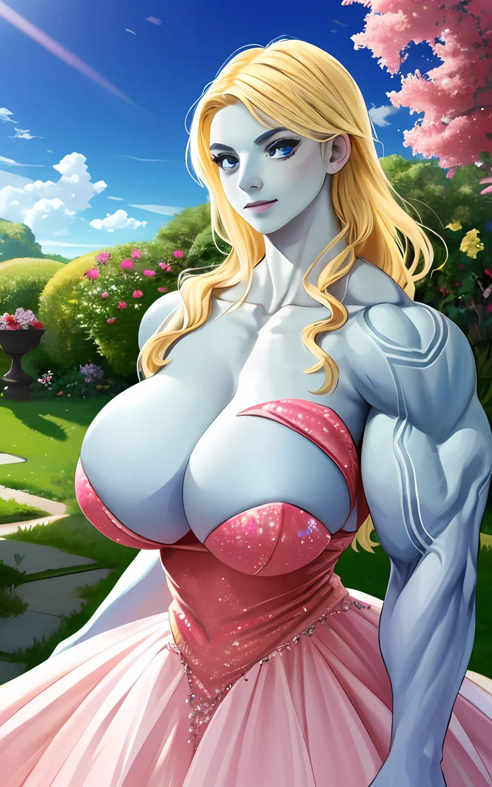 (1girll), huge tit, Breasts, Conque, Moisturizes skin, ,trpical garden , Embellished strapless ball dress,Decorated with shiny crystals, s girl,realistic illumination,top Quority,8K,tmasterpiece,Muscular female,Muscular,Abs,(Blonde hair), (Blue skin:1.4),